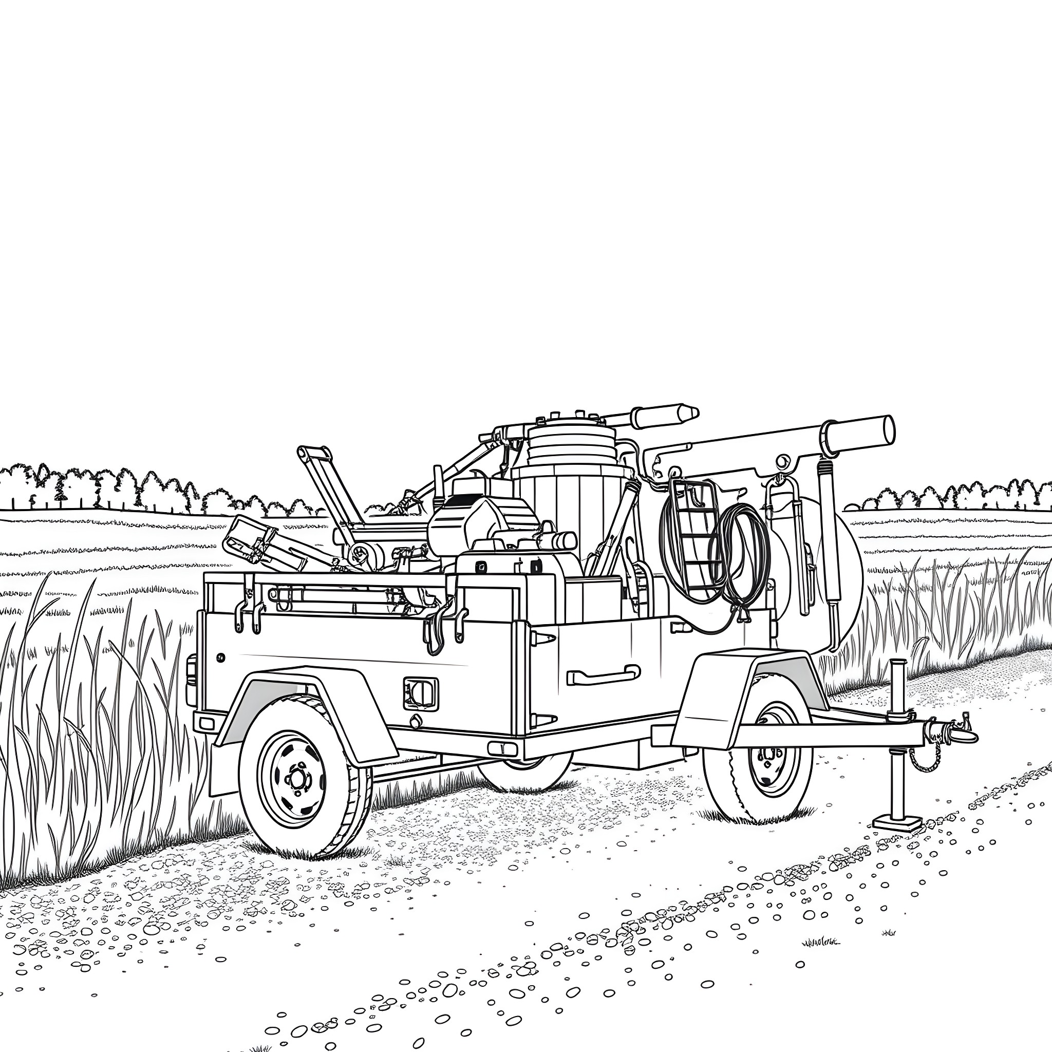 Utility Trailer Carrying Various Tools and Equipment Coloring Page (free black-and-white line drawing printable PDF for all, from beginners to advanced learners, including children, teens, adults, and seniors)