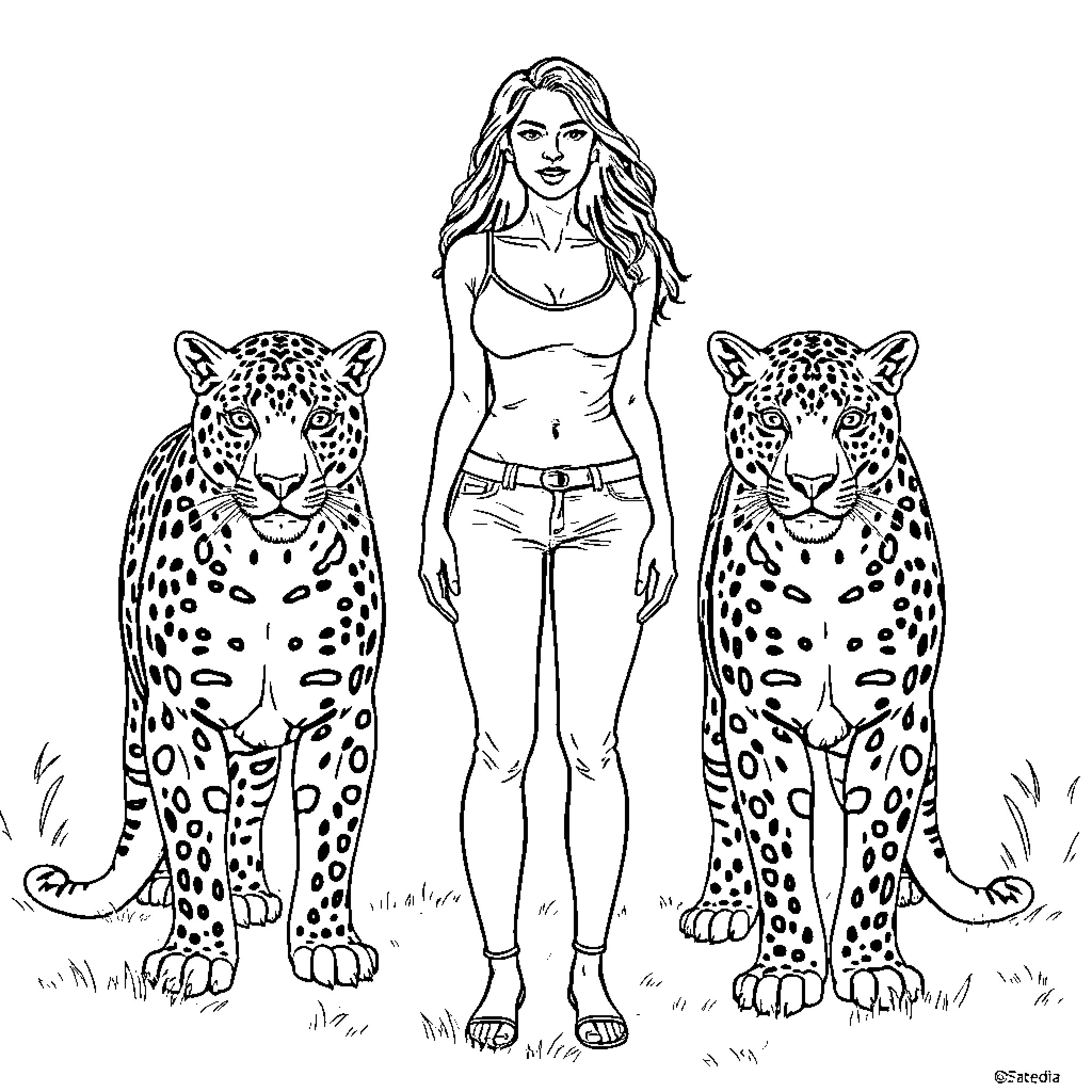 Woman with leopards in the wild Coloring Page (free black-and-white line drawing printable PDF for all, from beginners to advanced learners, including children, teens, adults, and seniors)