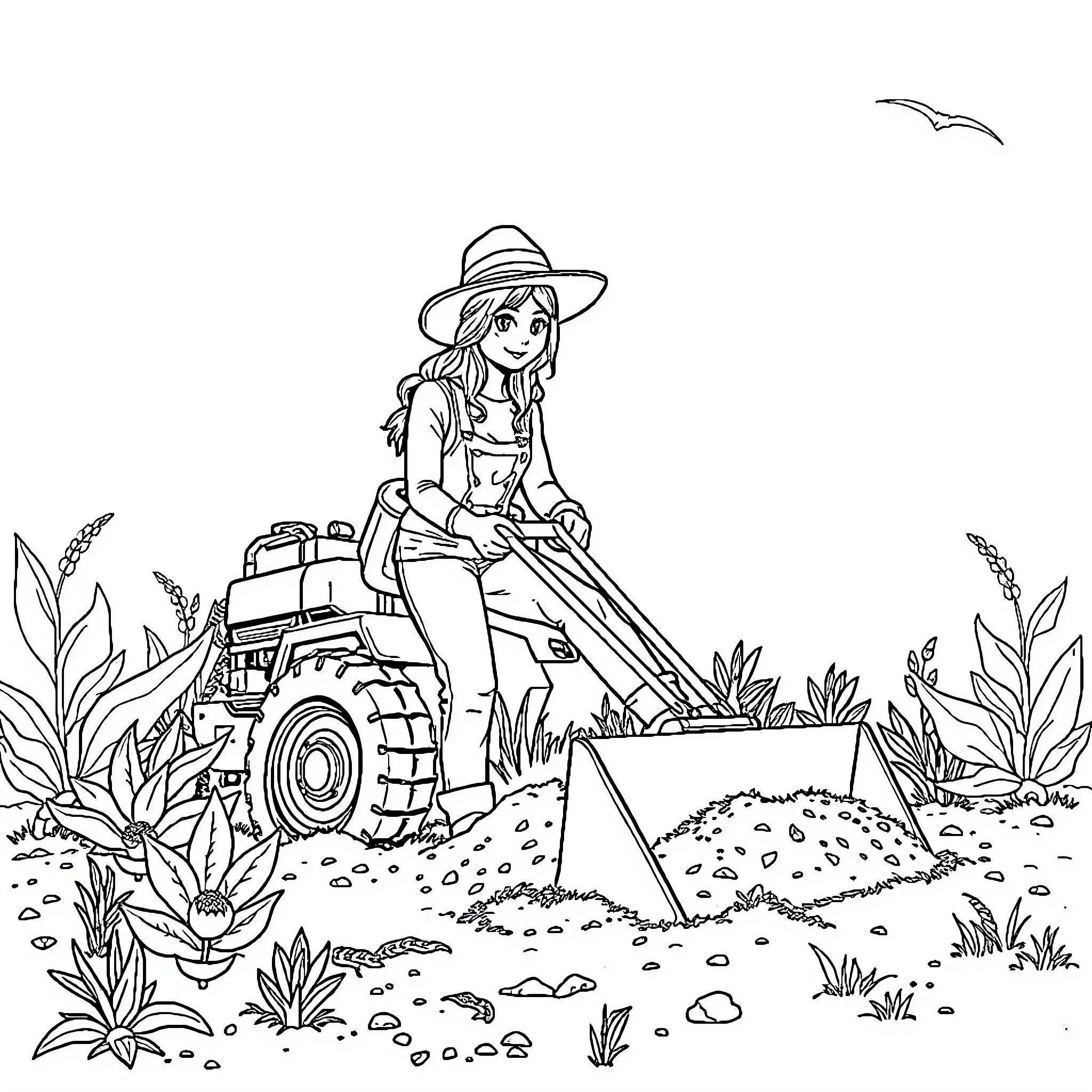 Excavator Operator Clearing Debris in Outdoor Setting Coloring Page (free black-and-white line drawing printable PDF for all, from beginners to advanced learners, including children, teens, adults, and seniors)