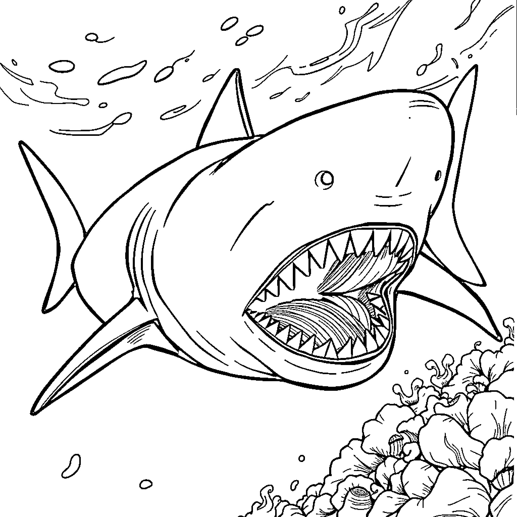 Shark hunting its prey aggressively in the ocean Coloring Page (free black-and-white line drawing printable PDF for all, from beginners to advanced learners, including children, teens, adults, and seniors)