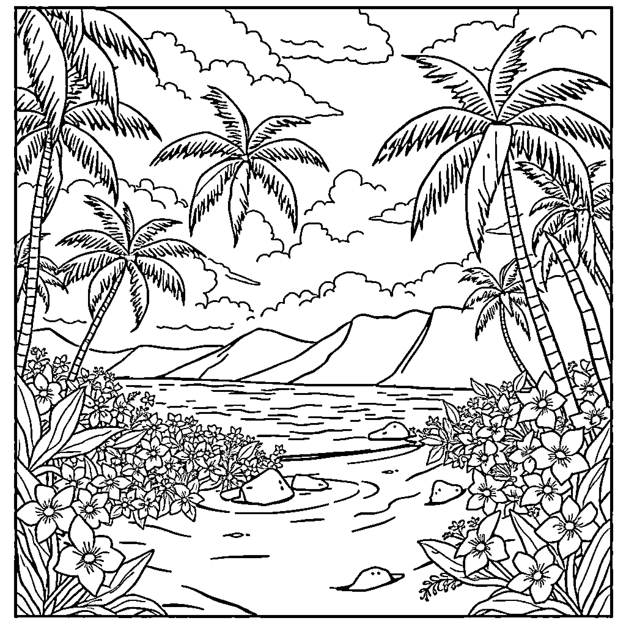 Hawaiian Landscape with Tropical Palm Trees and Flowers Coloring Page (free black-and-white line drawing printable PDF for all, from beginners to advanced learners, including children, teens, adults, and seniors)