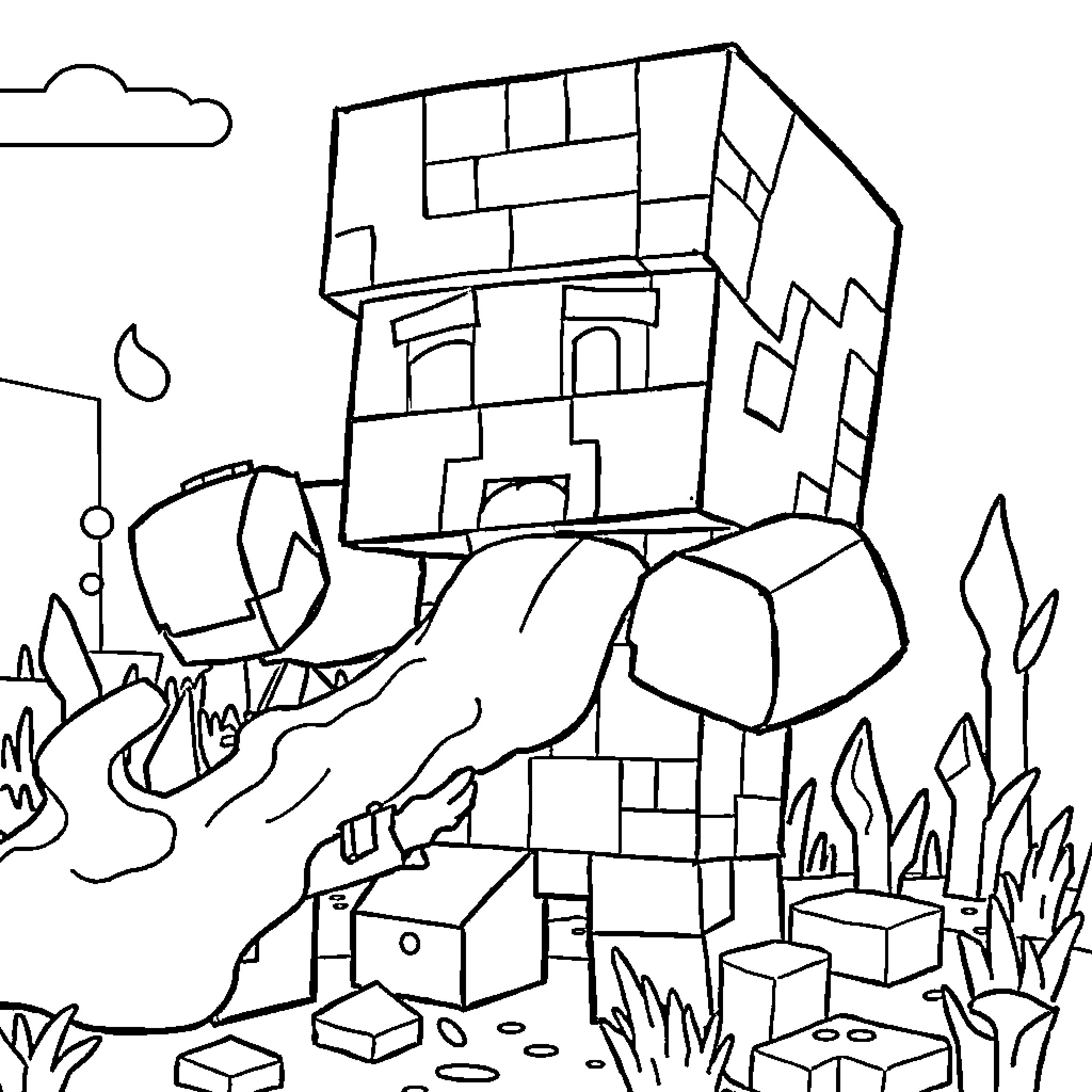 Minecraft character exploring blocky landscape Coloring Page (free black-and-white line drawing printable PDF for all, from beginners to advanced learners, including children, teens, adults, and seniors)