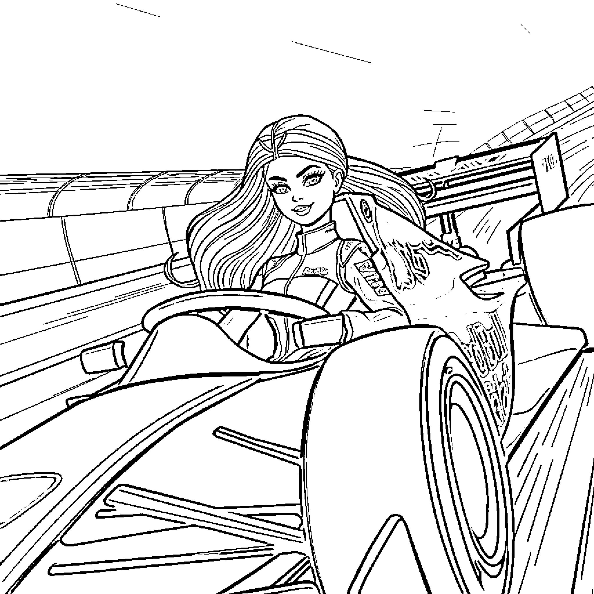Barbie driving a cool sports car Coloring Page (free black-and-white line drawing printable PDF for all, from beginners to advanced learners, including children, teens, adults, and seniors)