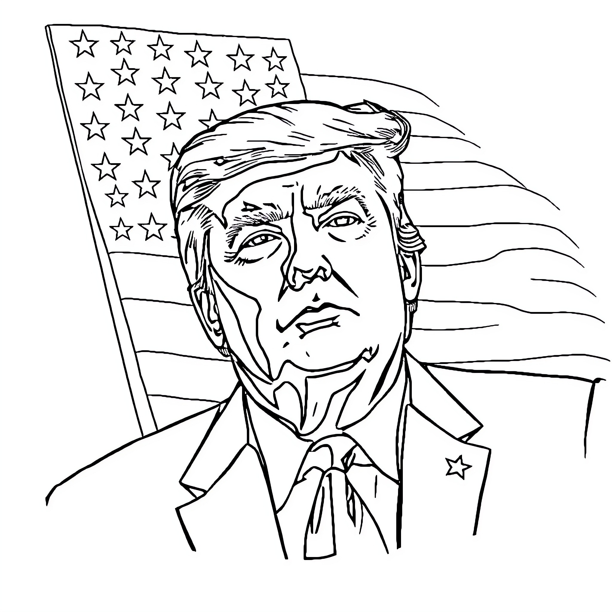 Trump holding American flag in serious expression Coloring Page (free black-and-white line drawing printable PDF for all, from beginners to advanced learners, including children, teens, adults, and seniors)