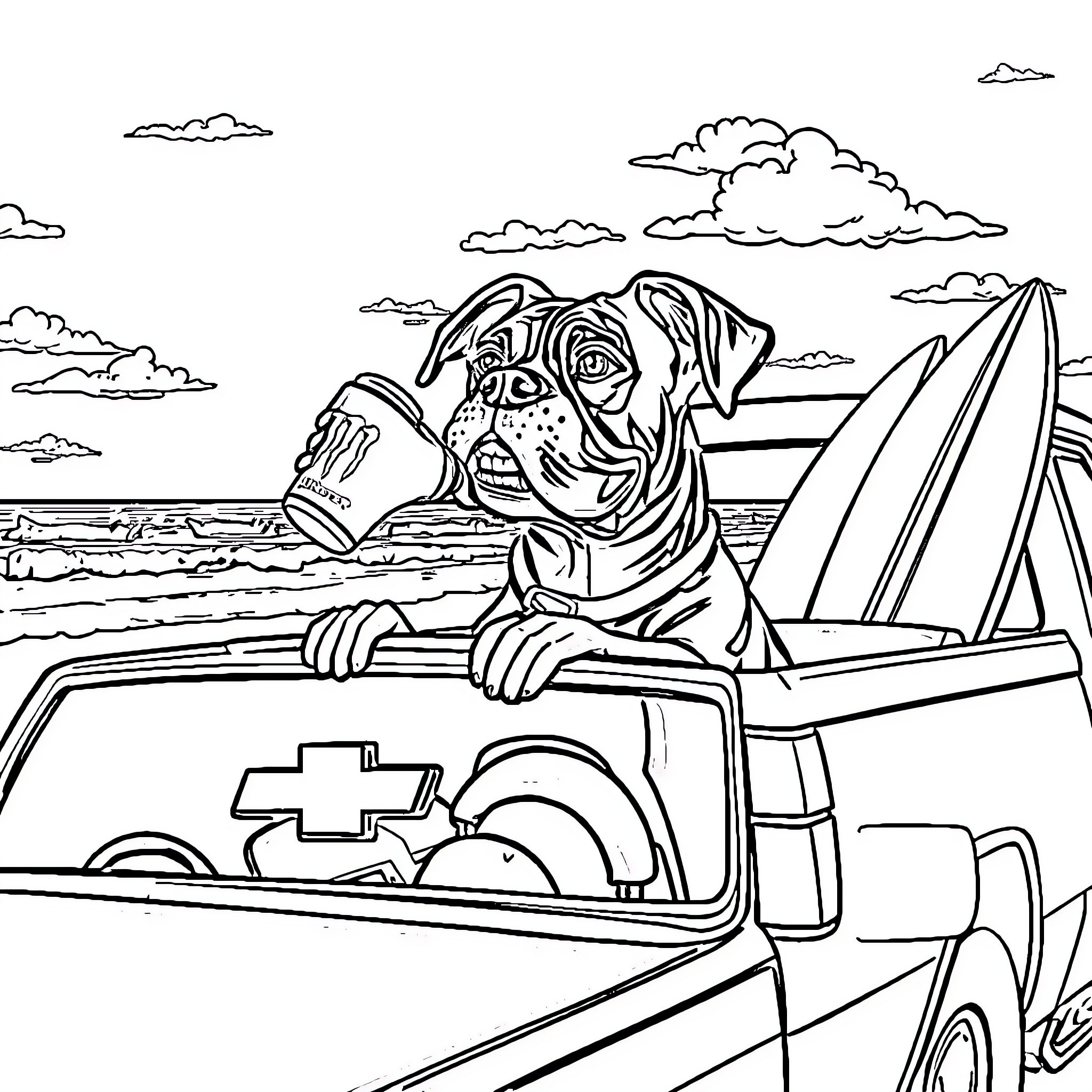 Boxer relaxing on the beach with surfboard Coloring Page (free black-and-white line drawing printable PDF for all, from beginners to advanced learners, including children, teens, adults, and seniors)