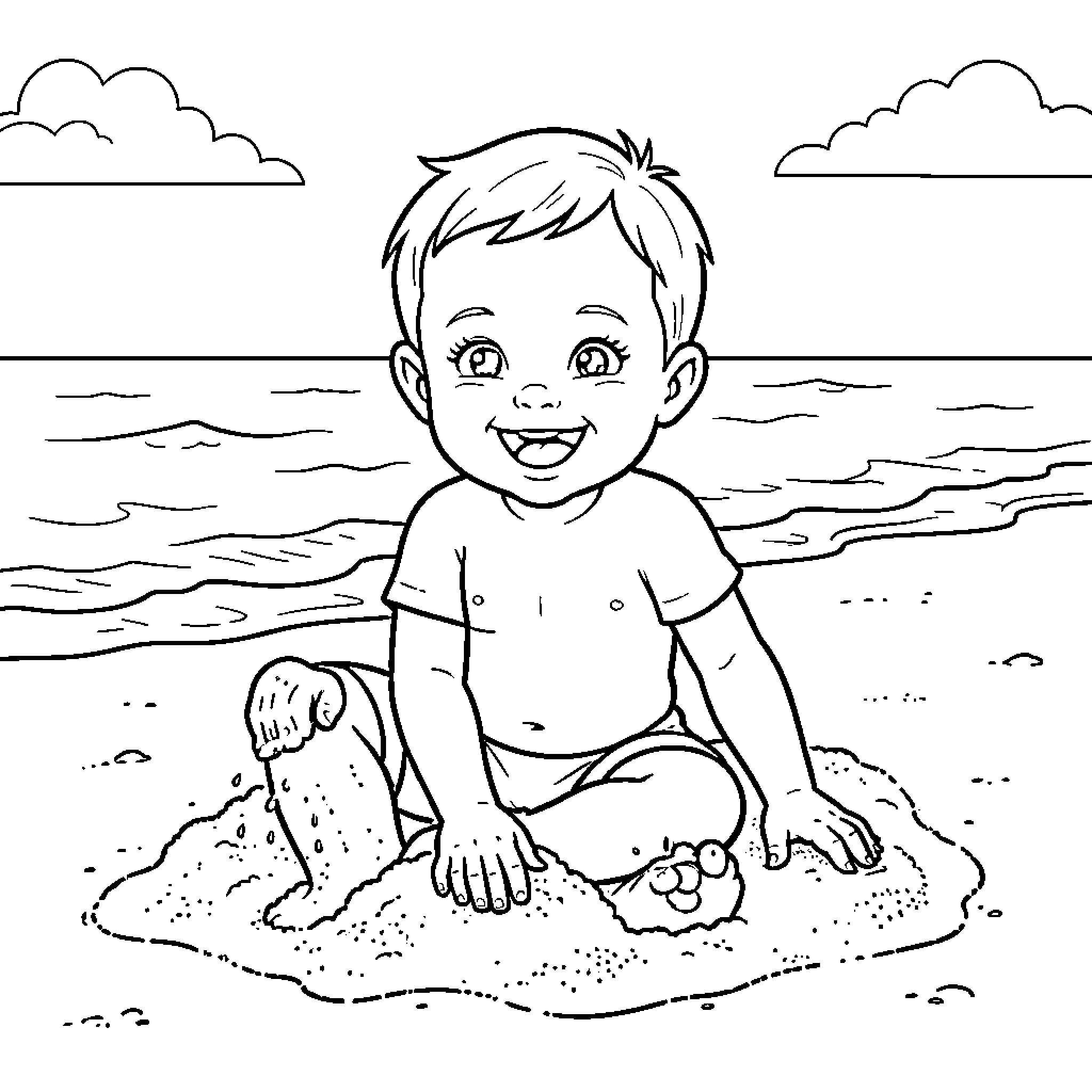 Baby smiling while playing in the sand at the beach Coloring Page (free black-and-white line drawing printable PDF for all, from beginners to advanced learners, including children, teens, adults, and seniors)