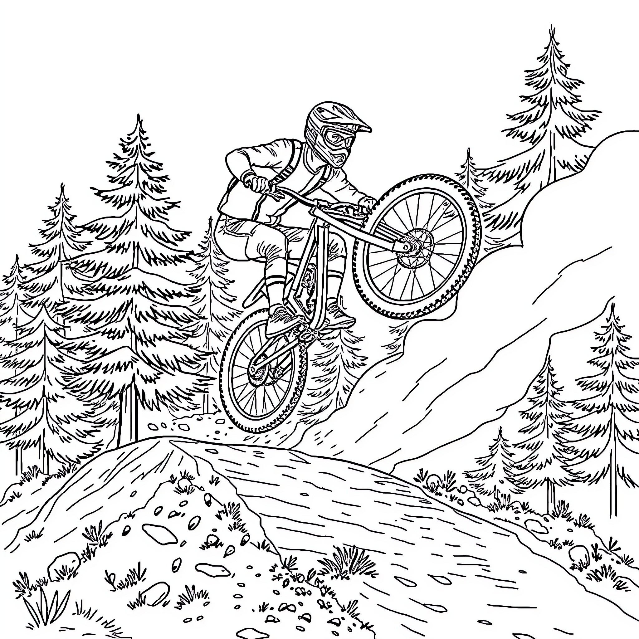 Mountain Biker Navigating Rugged Terrain in the Forest Coloring Page (free black-and-white line drawing printable PDF for all, from beginners to advanced learners, including children, teens, adults, and seniors)