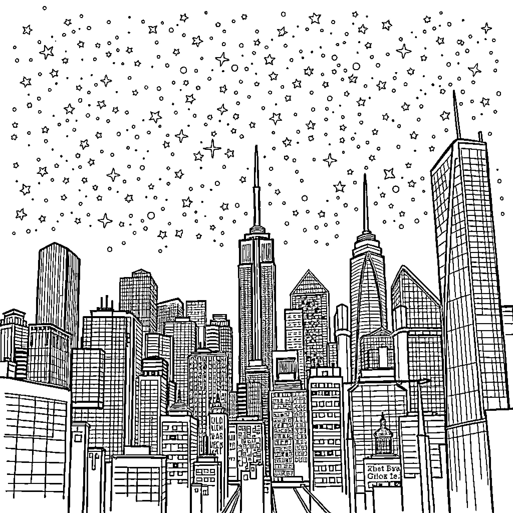 City Skyline with Starry Night Coloring Page (free black-and-white line drawing printable PDF for all, from beginners to advanced learners, including children, teens, adults, and seniors)