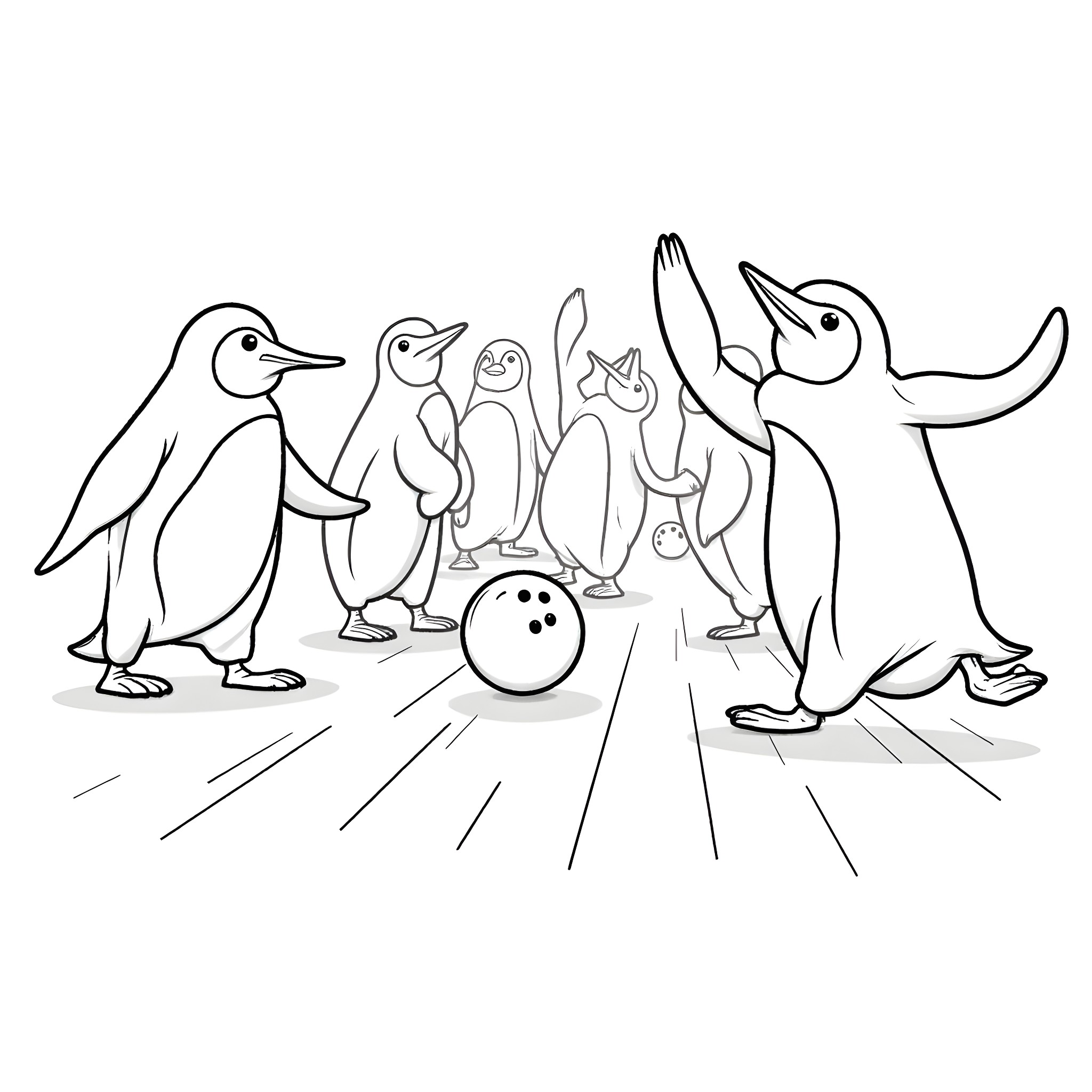Penguins playing a bowling game Coloring Page (free black-and-white line drawing printable PDF for all, from beginners to advanced learners, including children, teens, adults, and seniors)