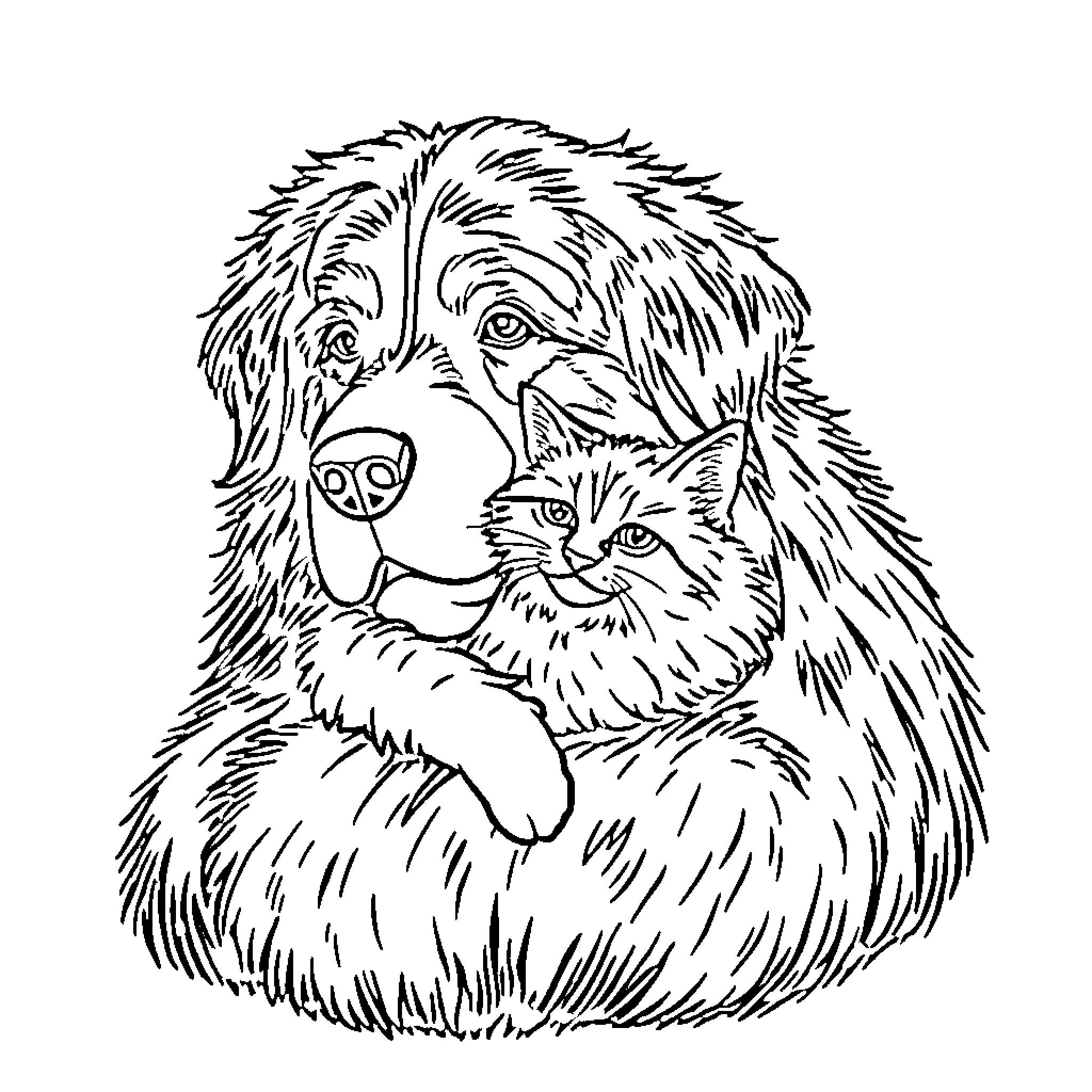 Dog Cuddling Friendly Cat Coloring Page (free black-and-white line drawing printable PDF for all, from beginners to advanced learners, including children, teens, adults, and seniors)