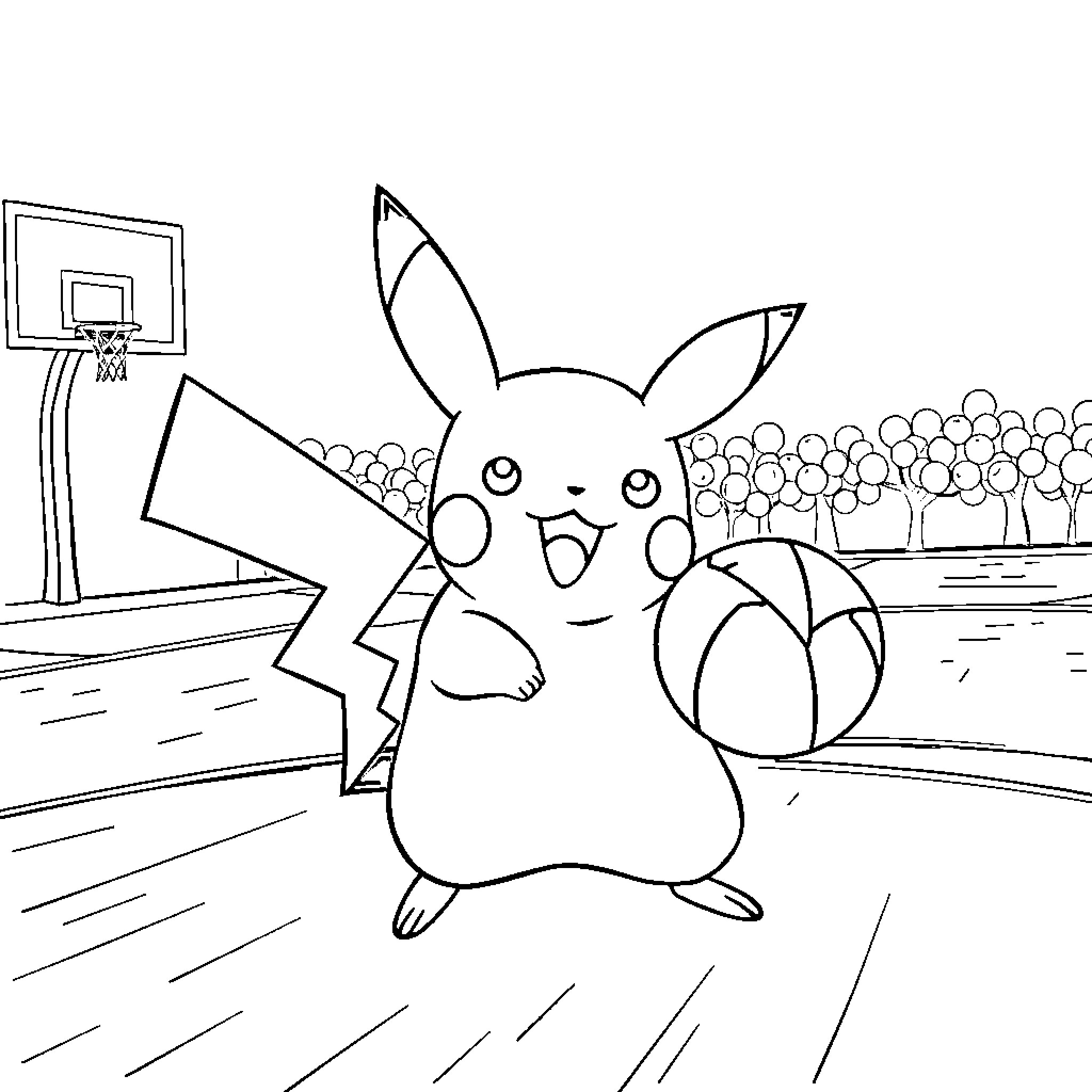 Pikachu playing happily on the basketball court Coloring Page (free black-and-white line drawing printable PDF for all, from beginners to advanced learners, including children, teens, adults, and seniors)