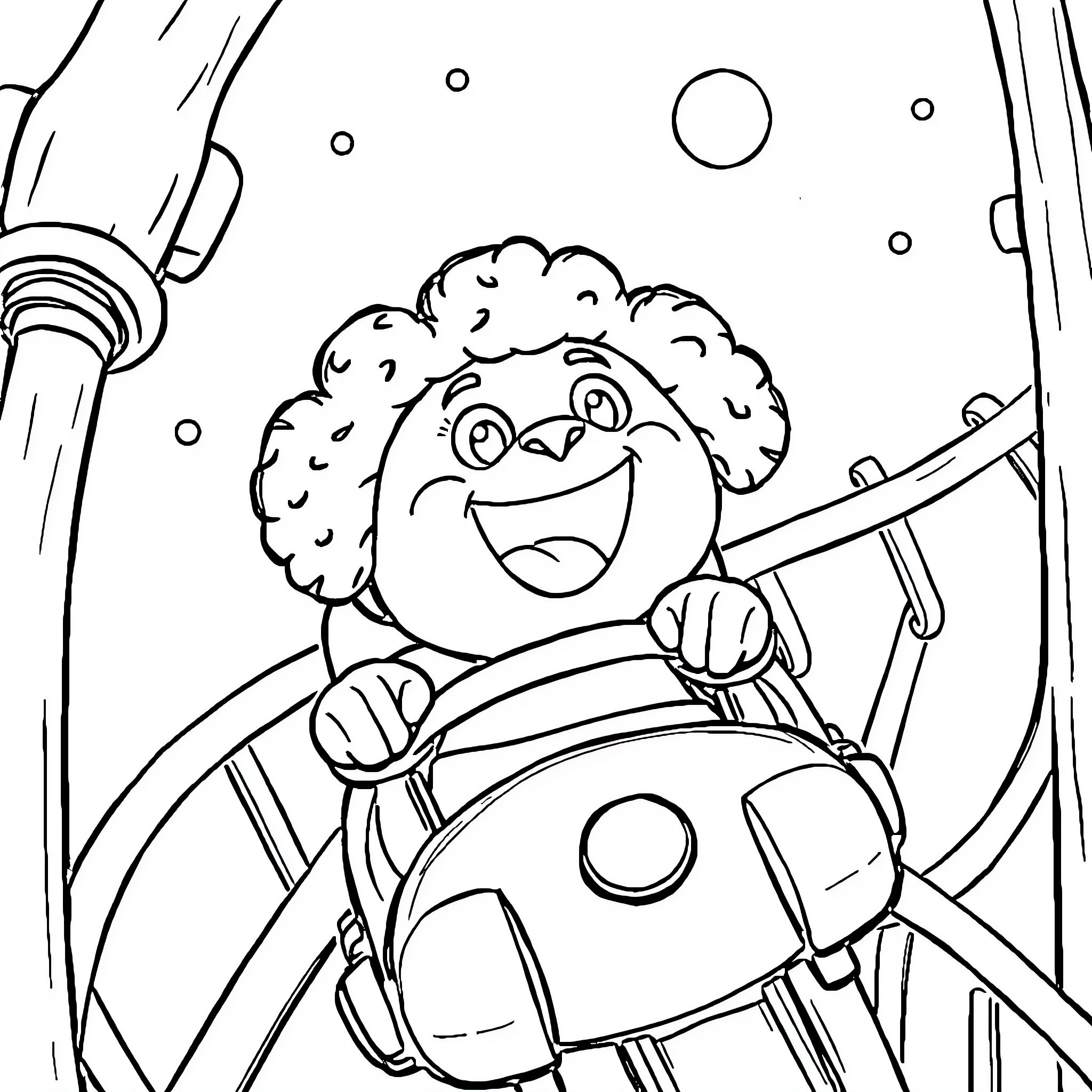 Duggee riding a fun scooter in an exciting adventure Coloring Page (free black-and-white line drawing printable PDF for all, from beginners to advanced learners, including children, teens, adults, and seniors)