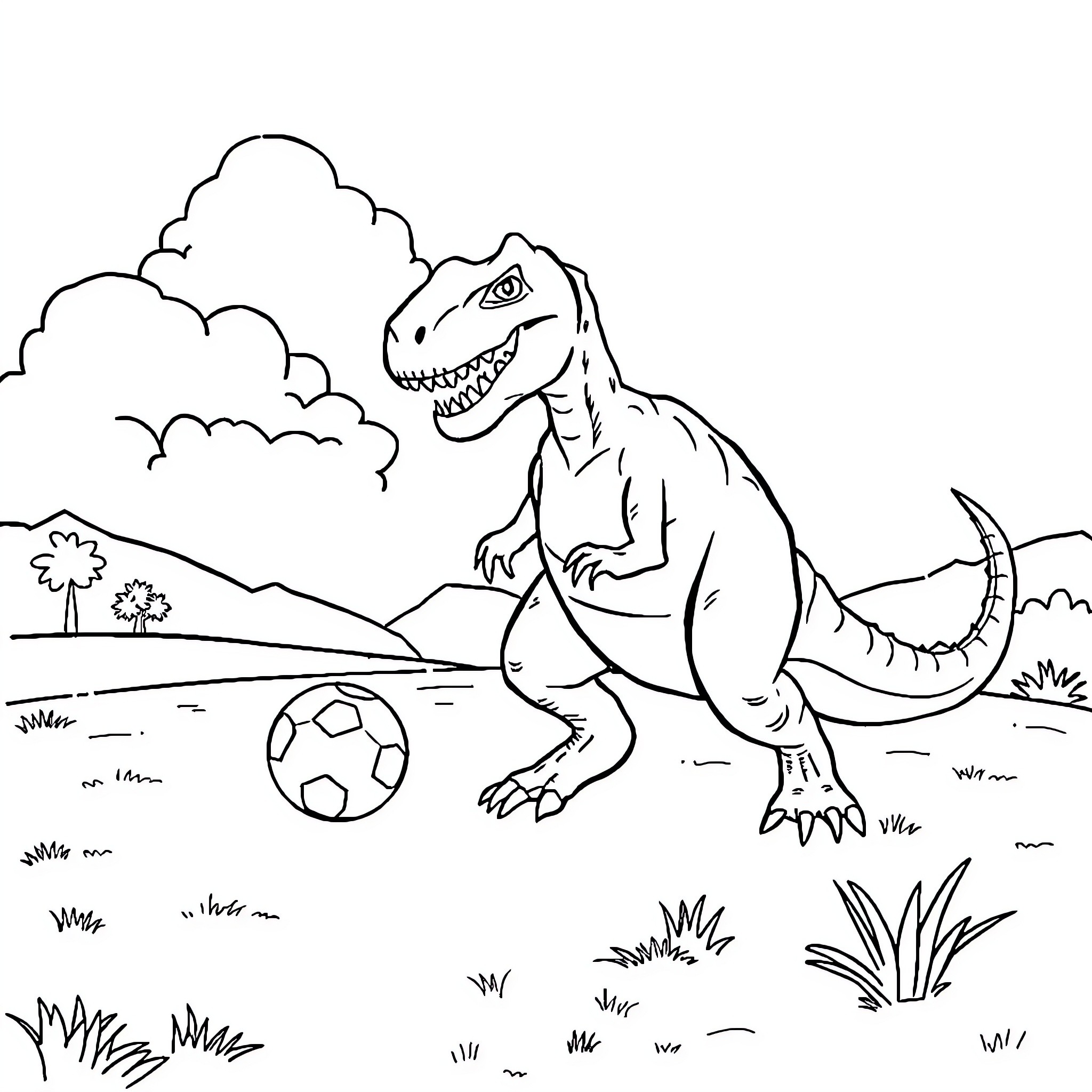 Dinosaur playing with soccer ball in the wild Coloring Page (free black-and-white line drawing printable PDF for all, from beginners to advanced learners, including children, teens, adults, and seniors)
