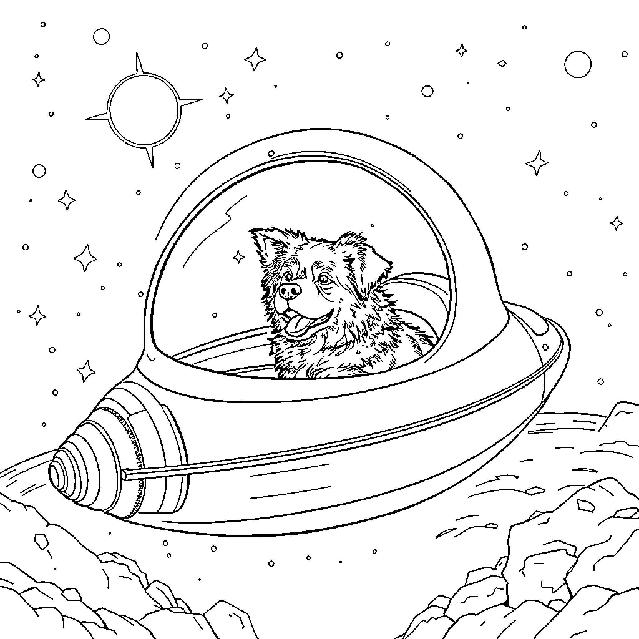 Dog astronaut exploring the cosmos in a spaceship Coloring Page (free black-and-white line drawing printable PDF for all, from beginners to advanced learners, including children, teens, adults, and seniors)