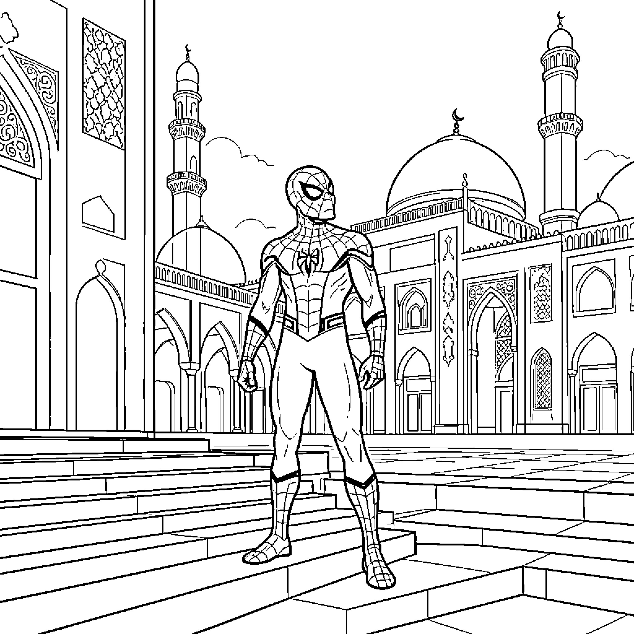 Spiderman standing heroically in front of a mosque Coloring Page (free black-and-white line drawing printable PDF for all, from beginners to advanced learners, including children, teens, adults, and seniors)