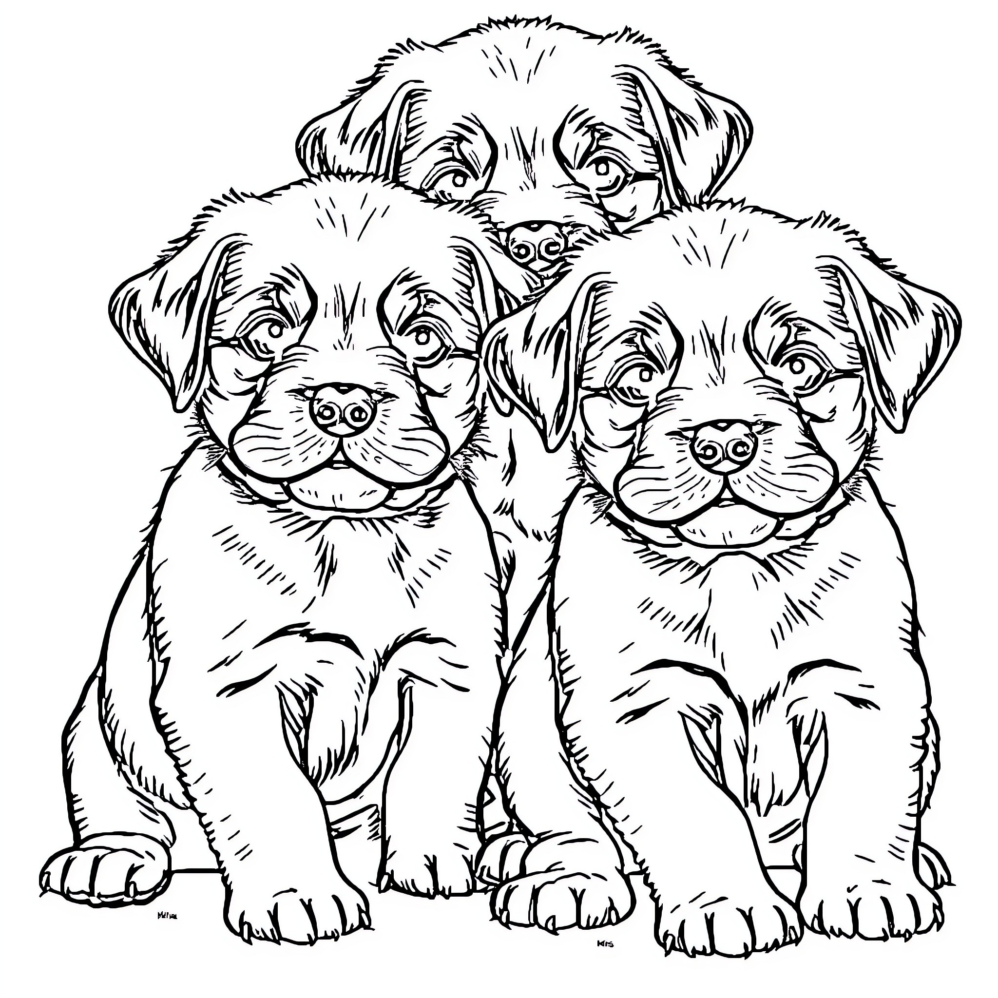 Puppy Pack Playing Together Happily Coloring Page (free black-and-white line drawing printable PDF for all, from beginners to advanced learners, including children, teens, adults, and seniors)