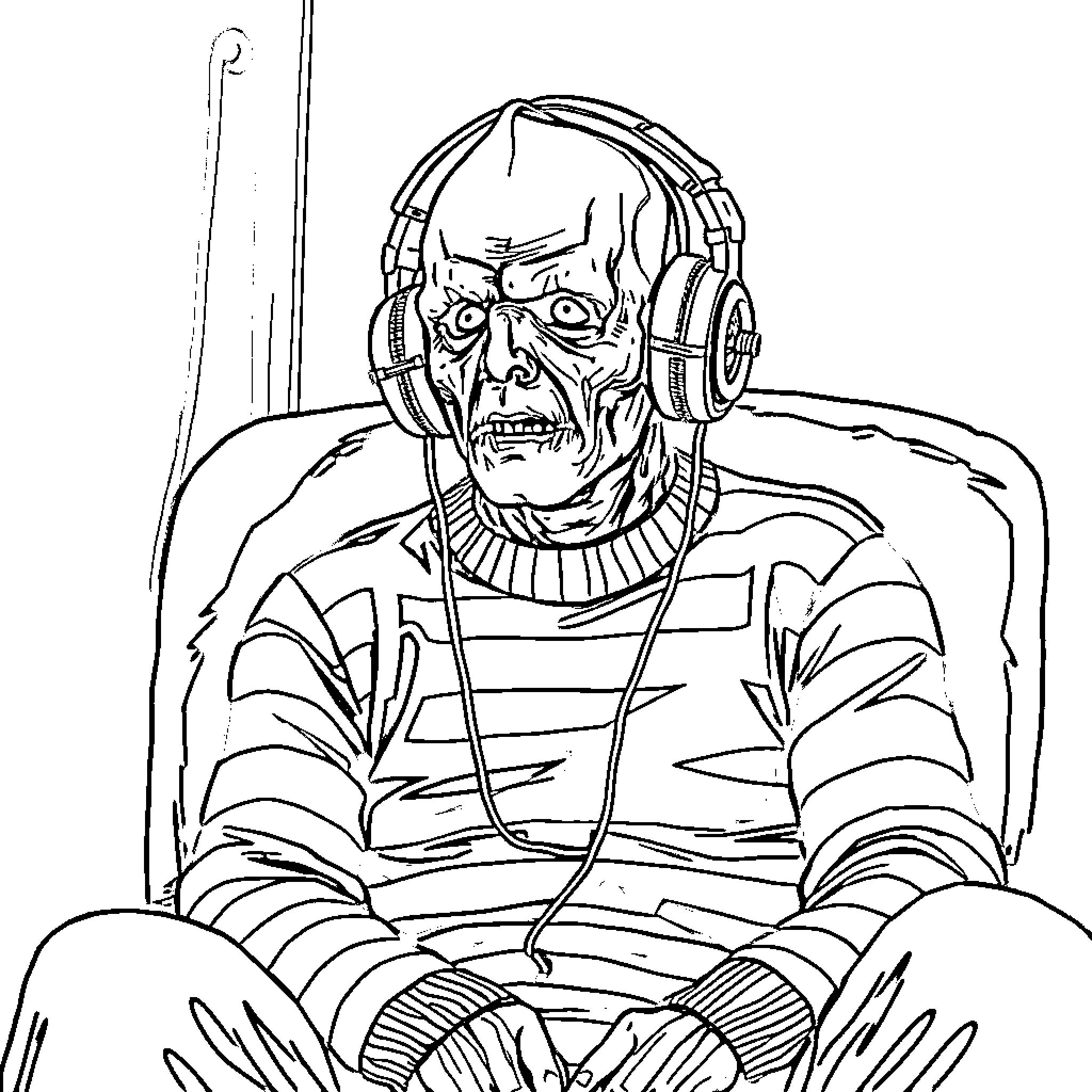 Freddy Krueger listening to music intently Coloring Page (free black-and-white line drawing printable PDF for all, from beginners to advanced learners, including children, teens, adults, and seniors)