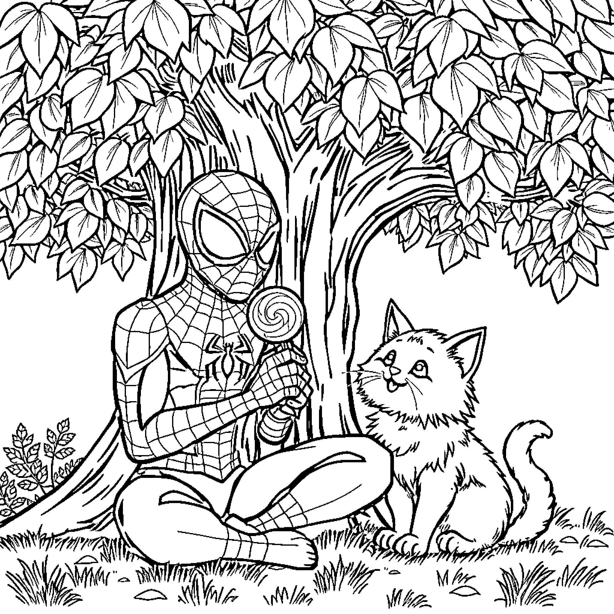Spiderman and curious cat in the forest Coloring Page (free black-and-white line drawing printable PDF for all, from beginners to advanced learners, including children, teens, adults, and seniors)
