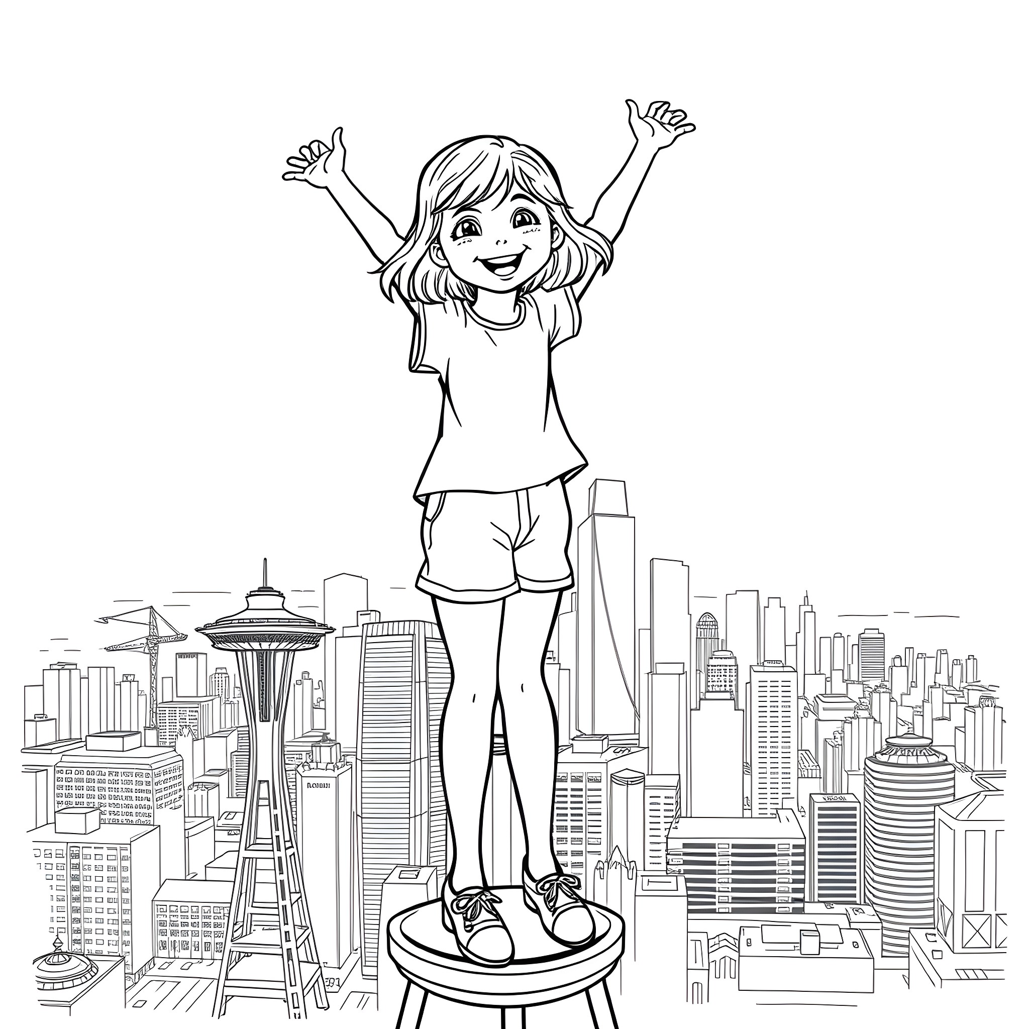 Girl triumphantly stands on city skyline Coloring Page (free black-and-white line drawing printable PDF for all, from beginners to advanced learners, including children, teens, adults, and seniors)