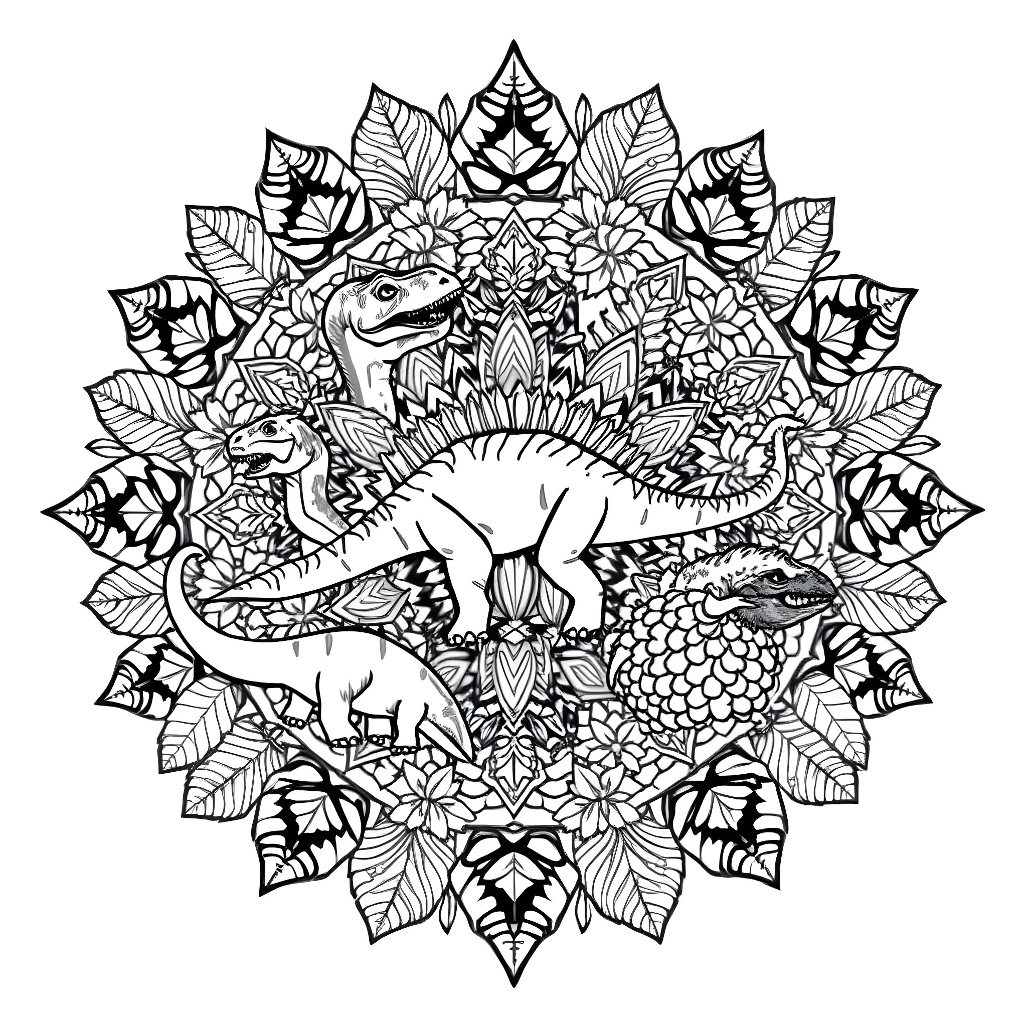 Dinosaur mandala with intricate leaf patterns Coloring Page (free black-and-white line drawing printable PDF for all, from beginners to advanced learners, including children, teens, adults, and seniors)