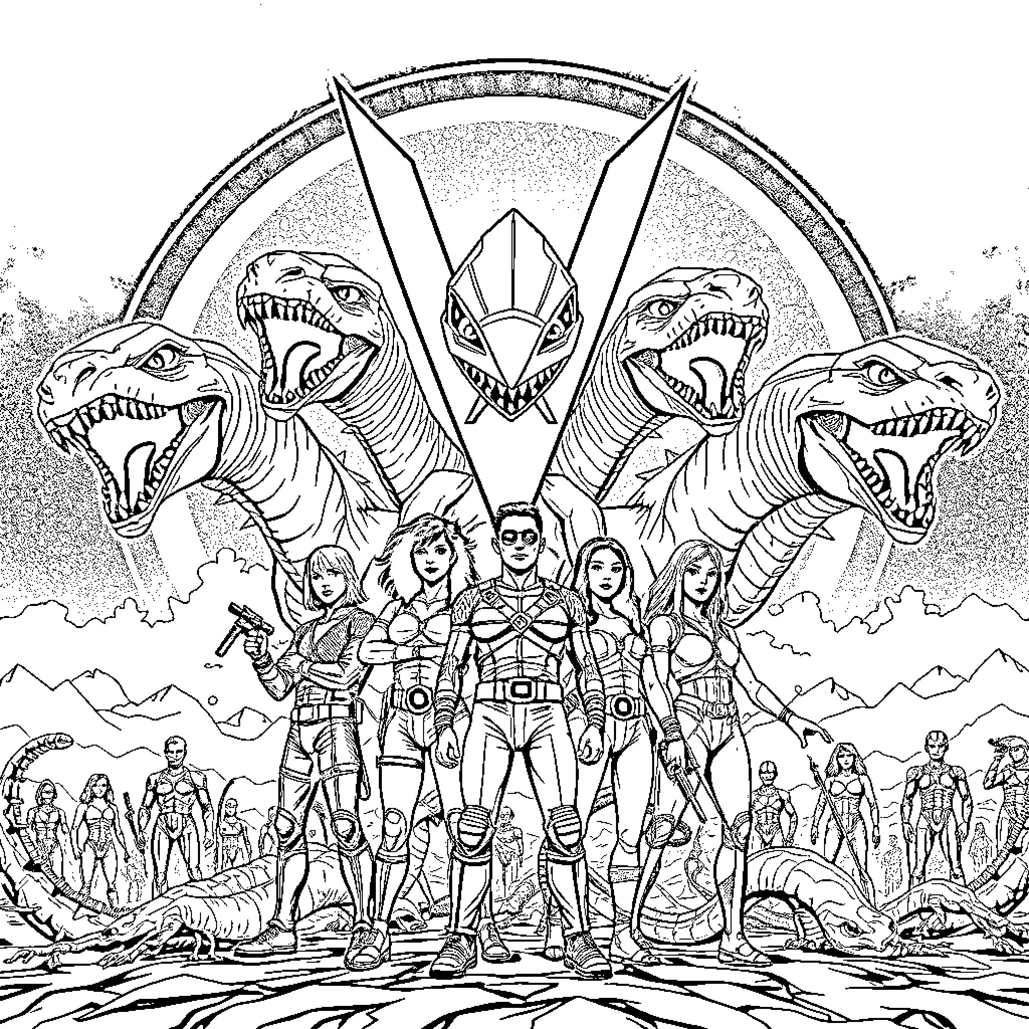 Valiant warriors confront formidable foes in a fantastical realm Coloring Page (free black-and-white line drawing printable PDF for all, from beginners to advanced learners, including children, teens, adults, and seniors)