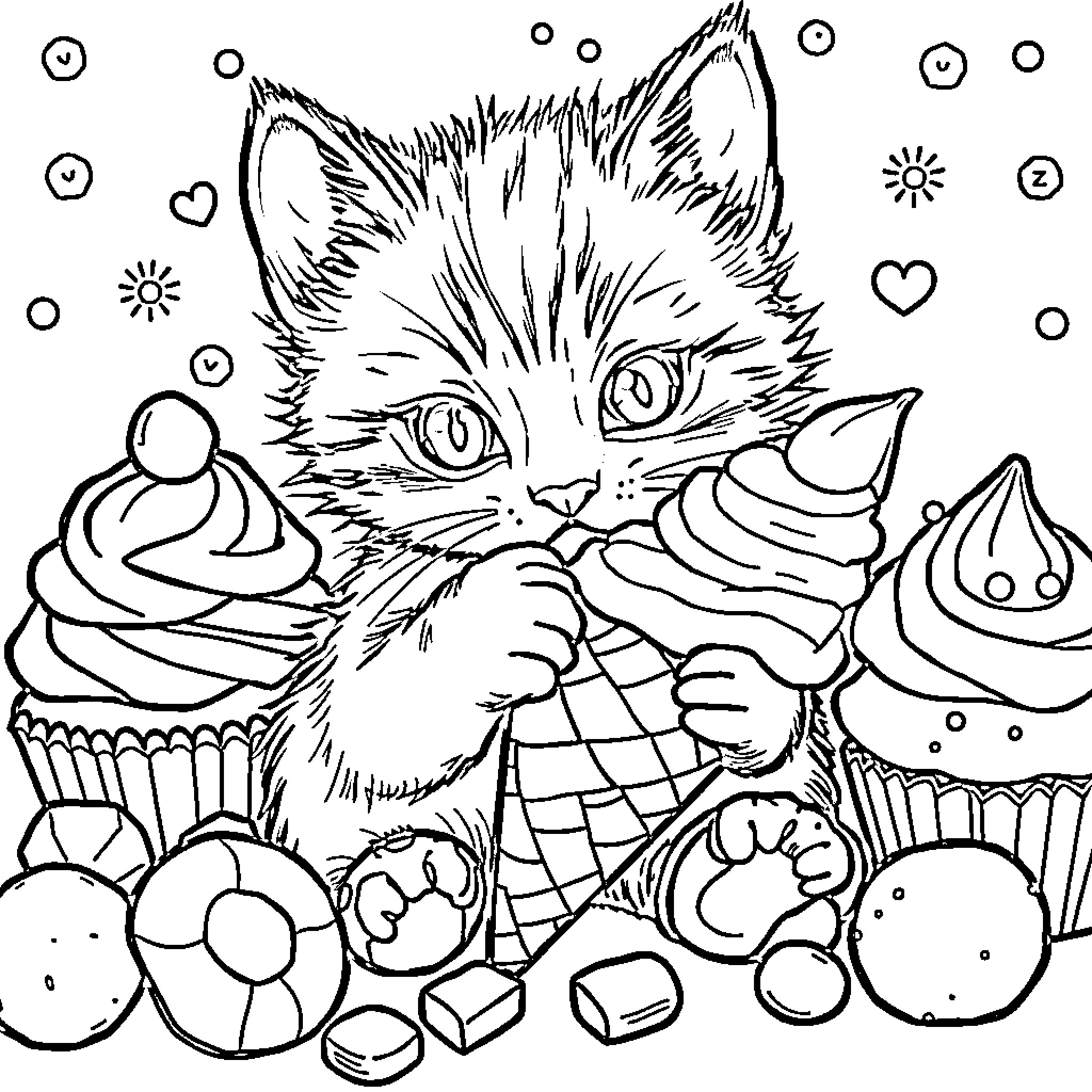 Kitten surrounded by sweet treats Coloring Page (free black-and-white line drawing printable PDF for all, from beginners to advanced learners, including children, teens, adults, and seniors)