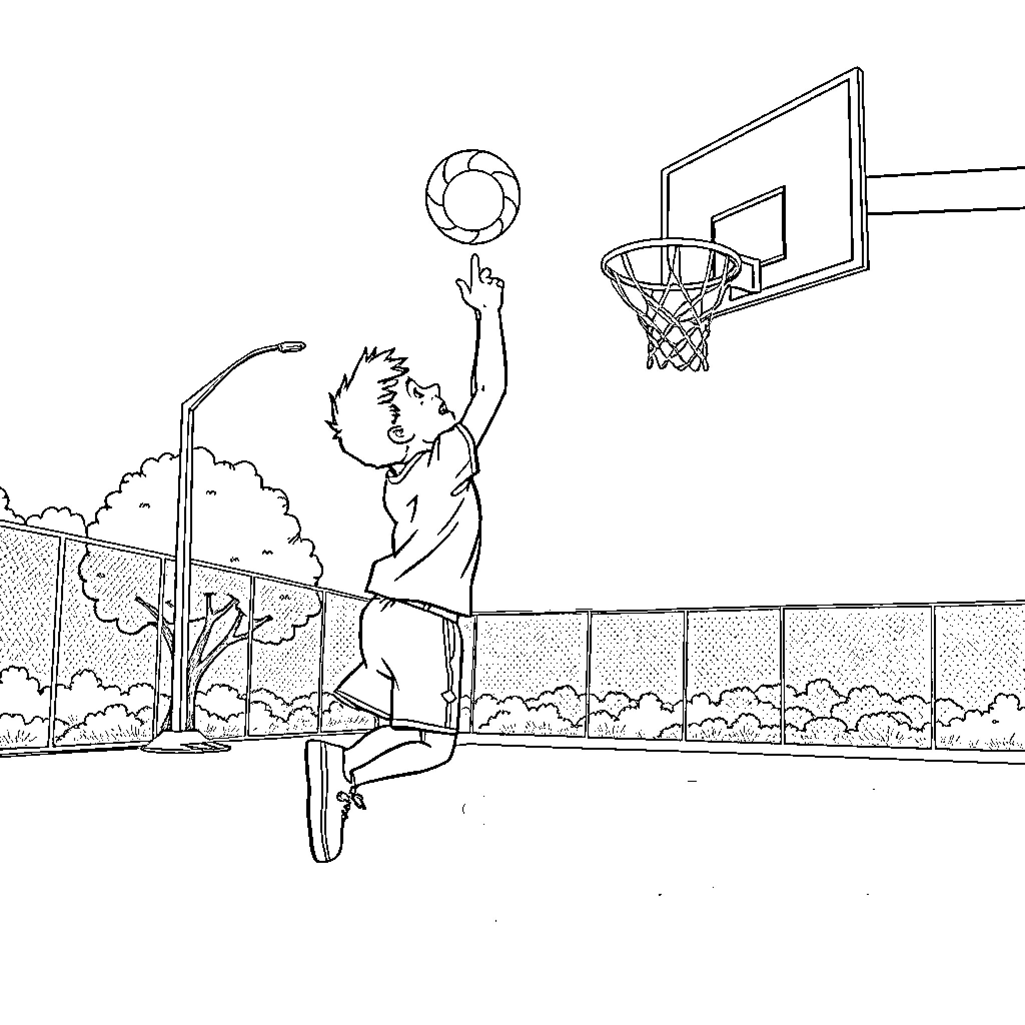 Boy playing basketball in outdoor court Coloring Page (free black-and-white line drawing printable PDF for all, from beginners to advanced learners, including children, teens, adults, and seniors)