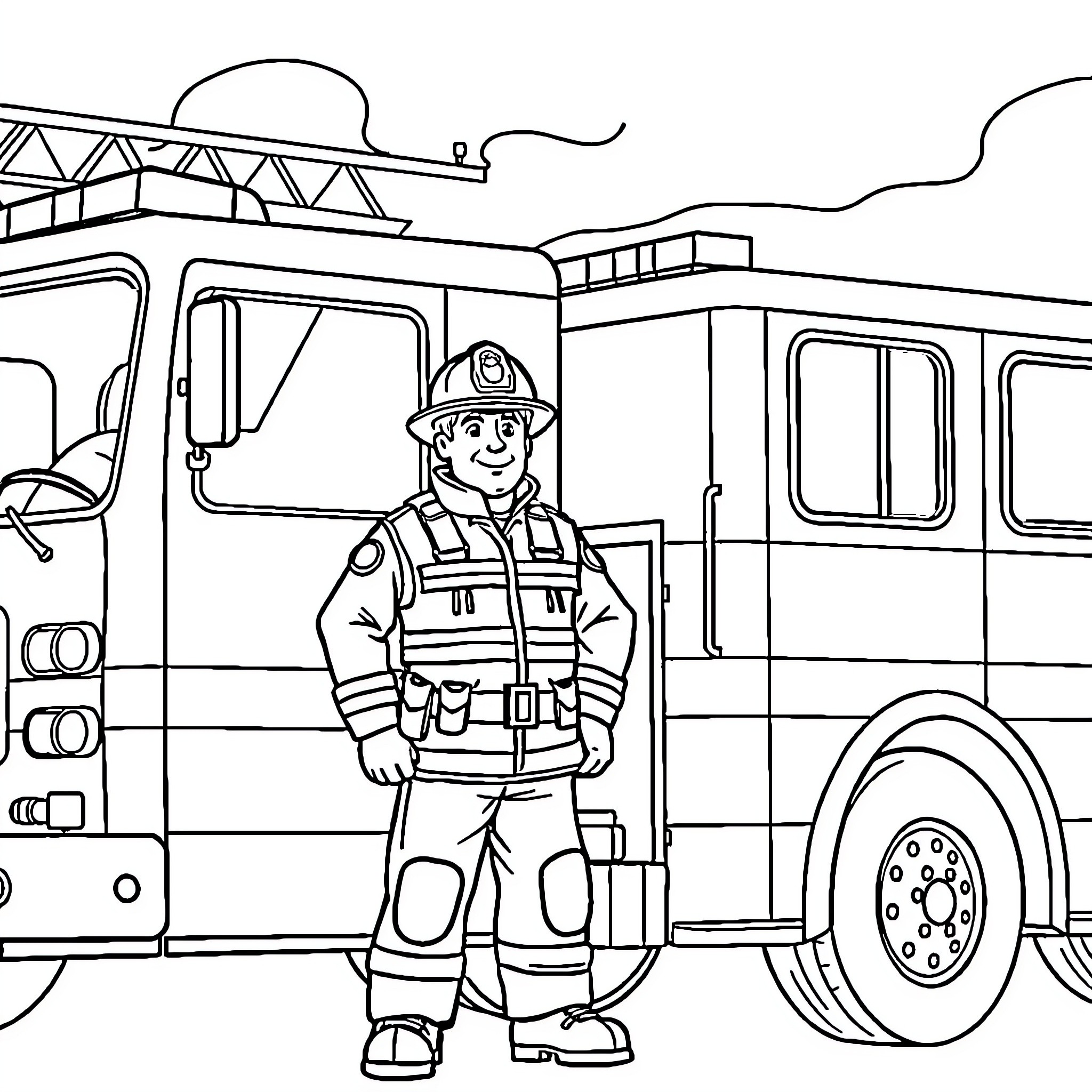 Fireman standing confidently next to fire truck Coloring Page (free black-and-white line drawing printable PDF for all, from beginners to advanced learners, including children, teens, adults, and seniors)