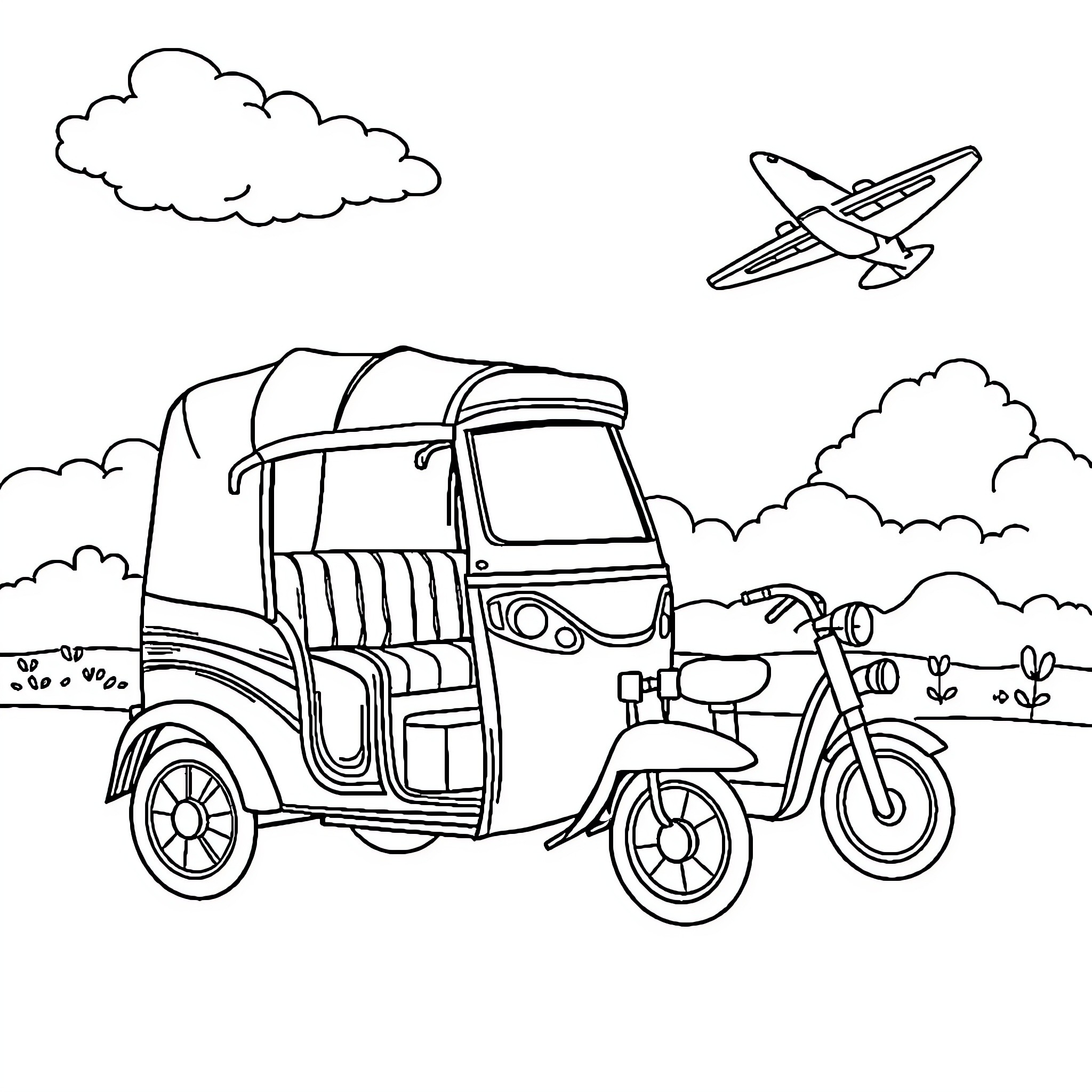 Rickshaw journey through the countryside Coloring Page (free black-and-white line drawing printable PDF for all, from beginners to advanced learners, including children, teens, adults, and seniors)