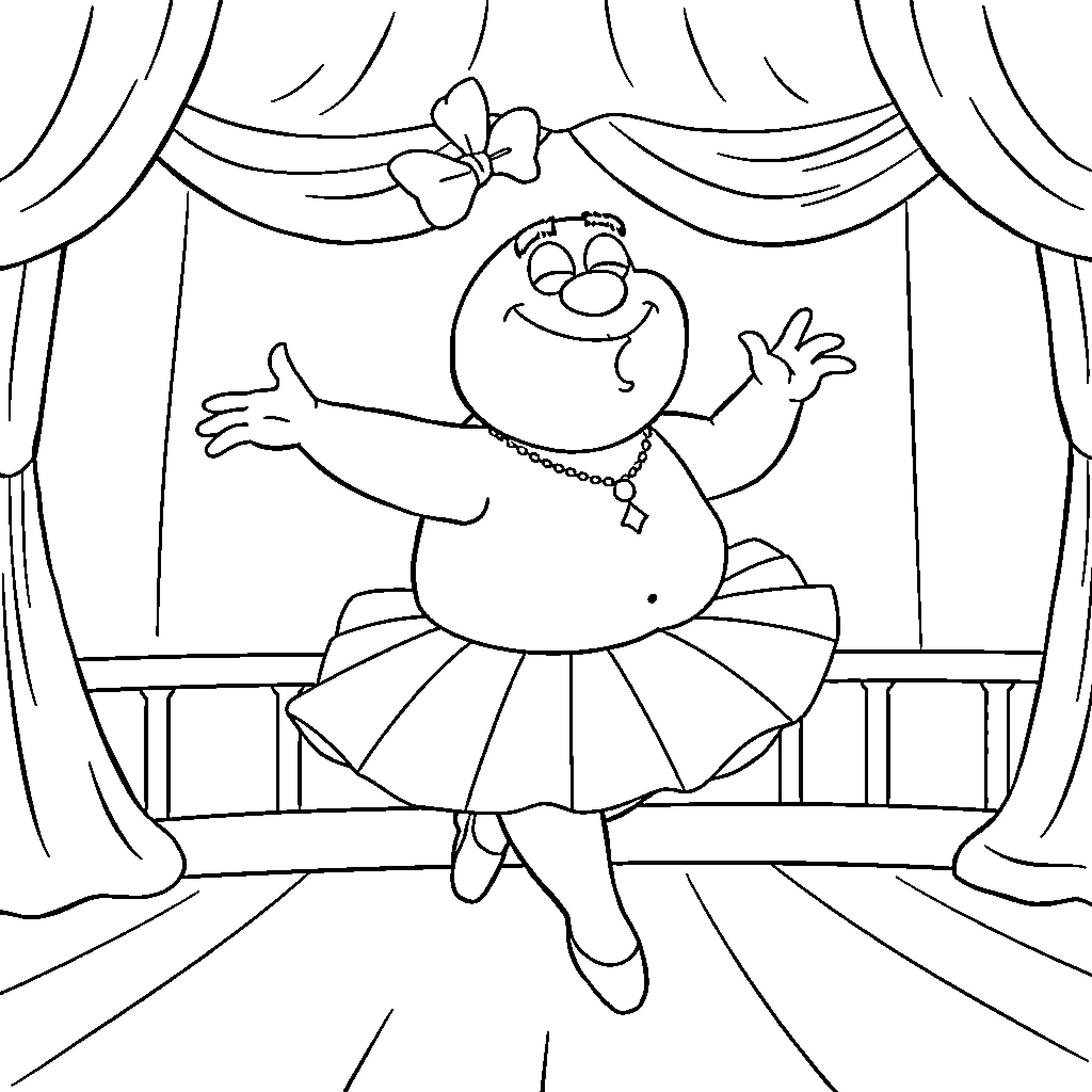 Peter Griffin performing on a stage with curtains Coloring Page (free black-and-white line drawing printable PDF for all, from beginners to advanced learners, including children, teens, adults, and seniors)