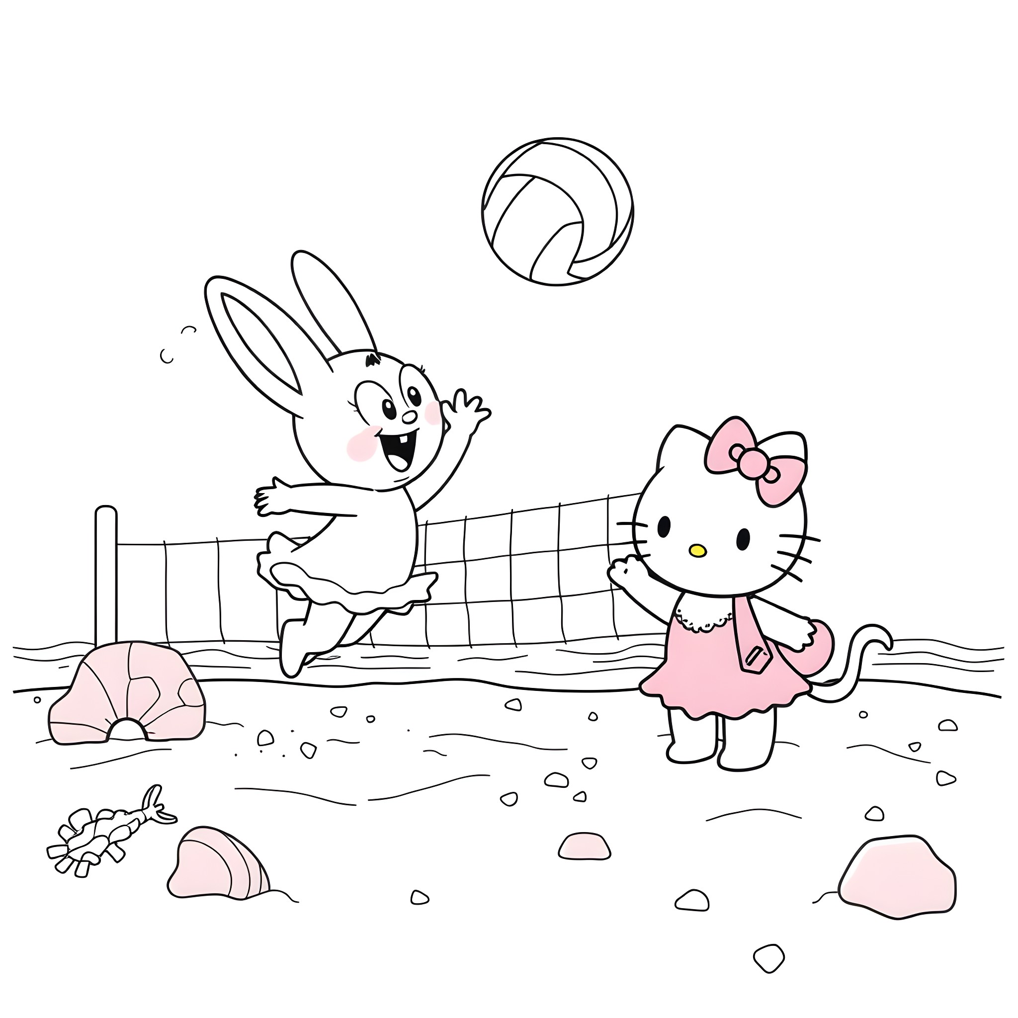 Cinnamoroll and Hello Kitty playing volleyball on the beach Coloring Page (free black-and-white line drawing printable PDF for all, from beginners to advanced learners, including children, teens, adults, and seniors)