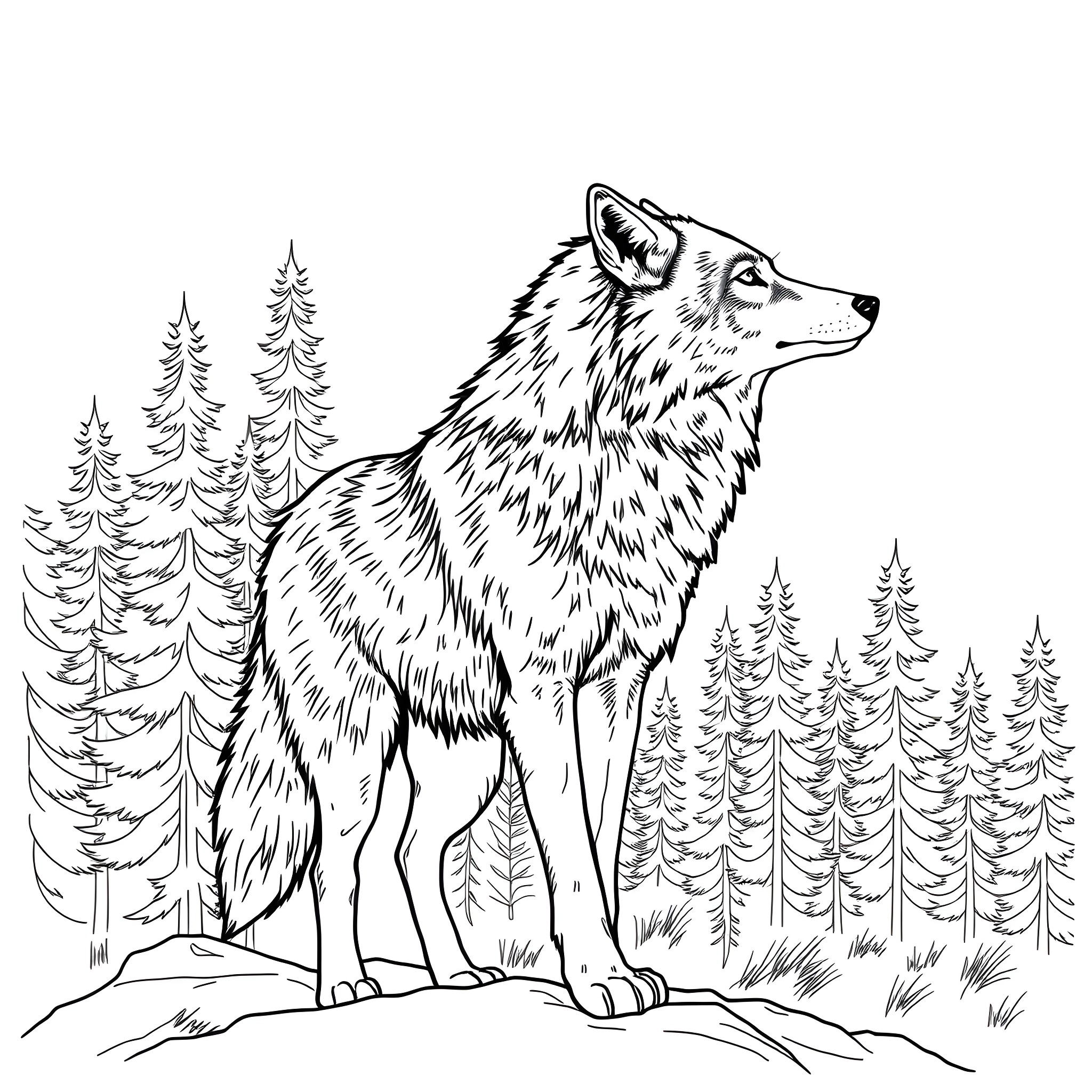 Wolf howling in the forest Coloring Page (free black-and-white line drawing printable PDF for all, from beginners to advanced learners, including children, teens, adults, and seniors)