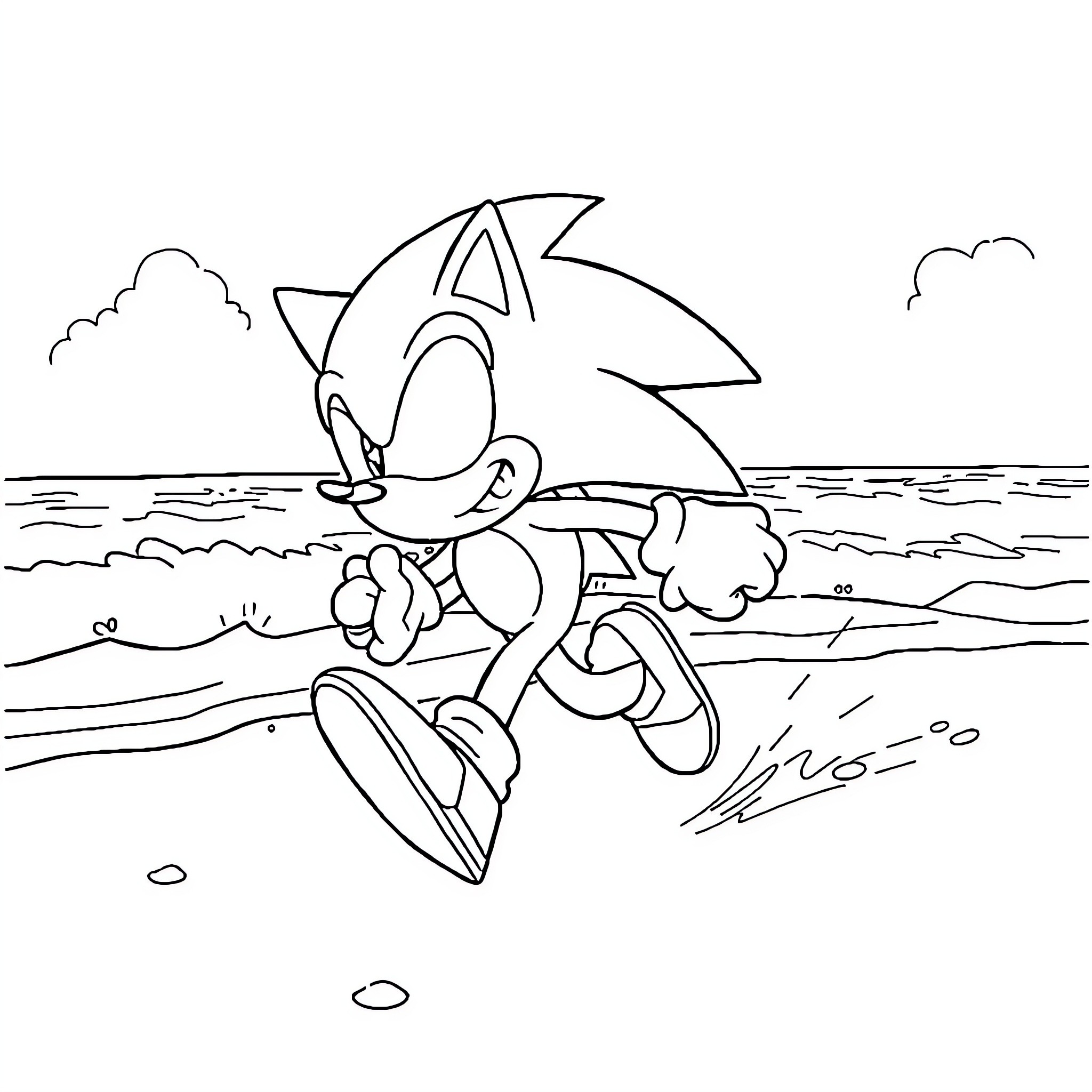Sonic dashing through the beach landscape Coloring Page (free black-and-white line drawing printable PDF for all, from beginners to advanced learners, including children, teens, adults, and seniors)