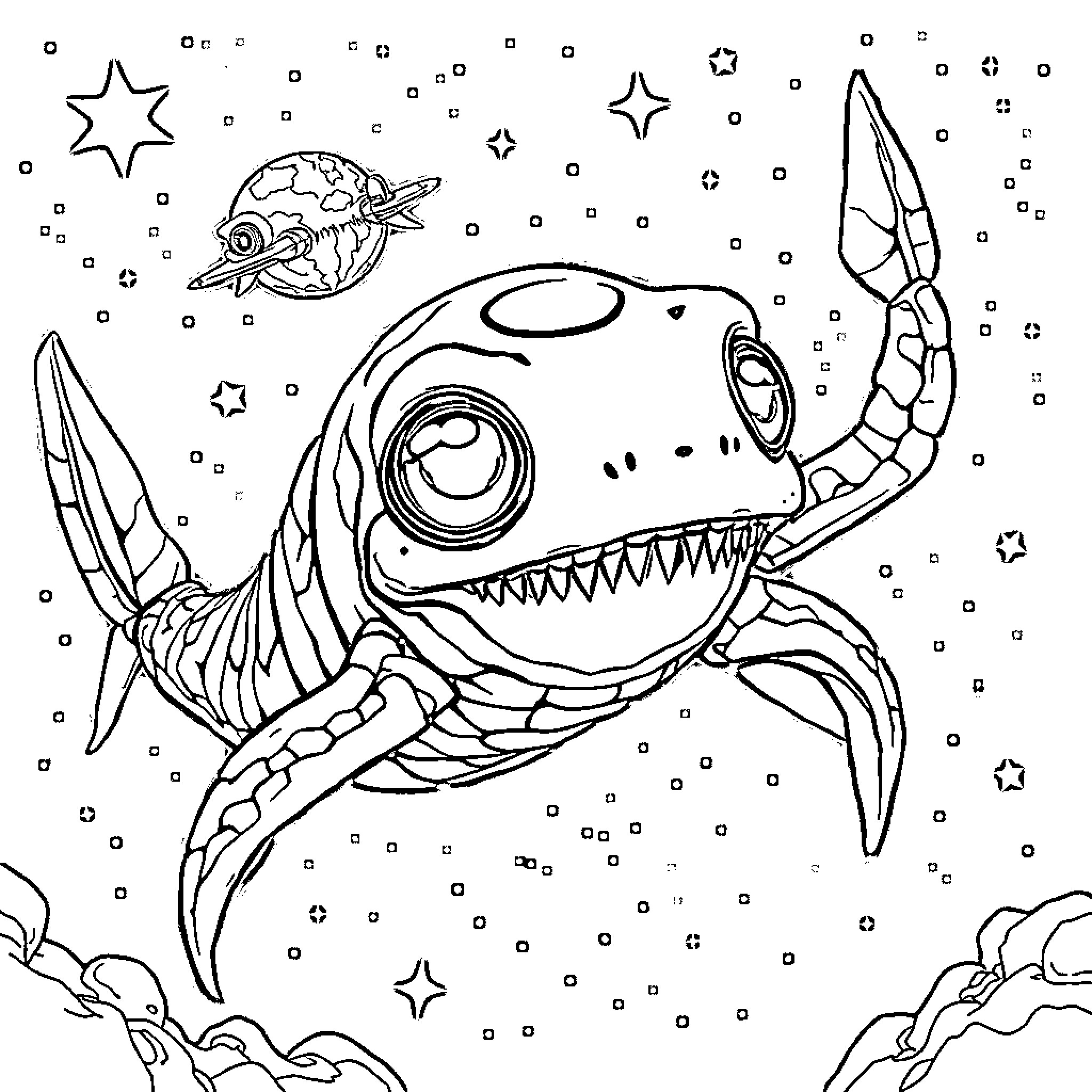 Alien Predator Fish in Cosmic Seascape Coloring Page (free black-and-white line drawing printable PDF for all, from beginners to advanced learners, including children, teens, adults, and seniors)