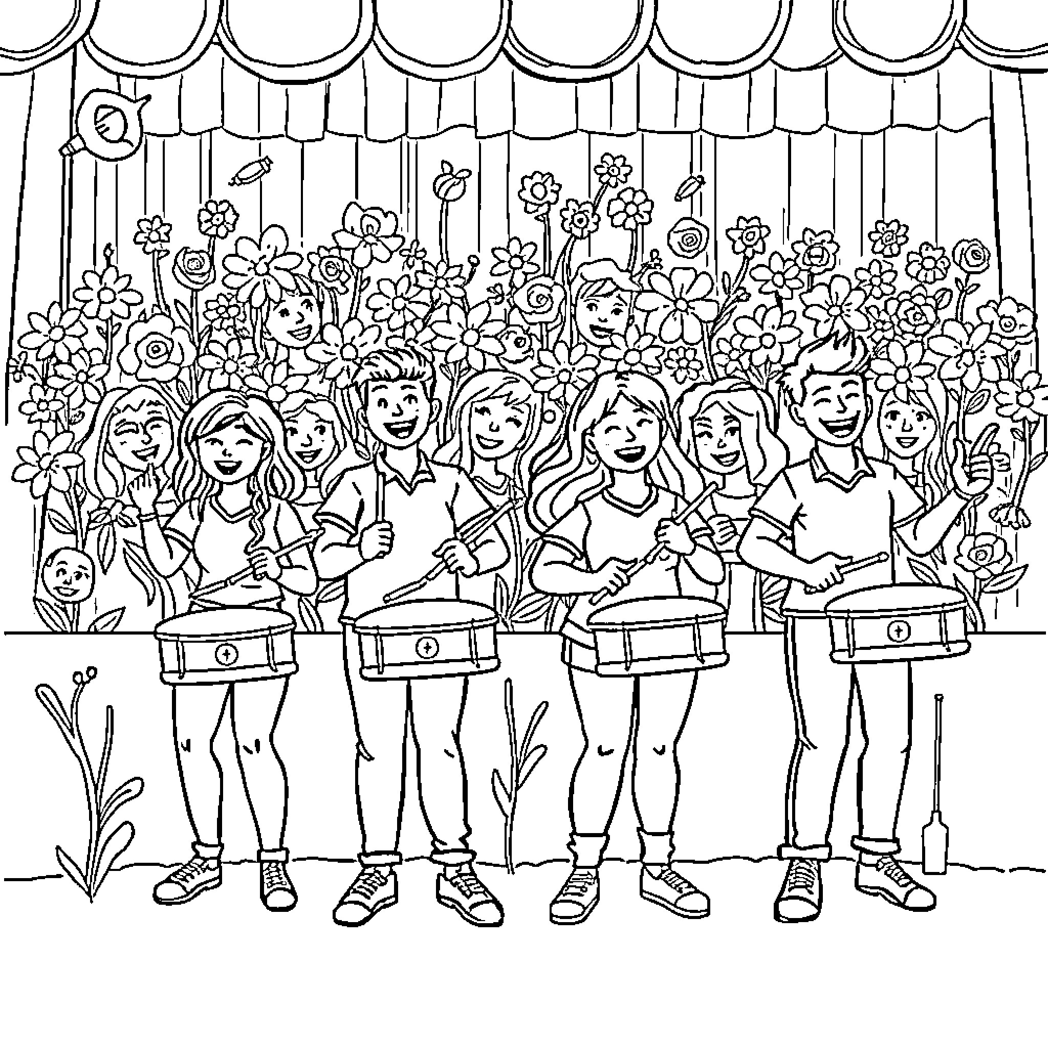Fox Marching Band Performs Amidst Floral Backdrop Coloring Page (free black-and-white line drawing printable PDF for all, from beginners to advanced learners, including children, teens, adults, and seniors)