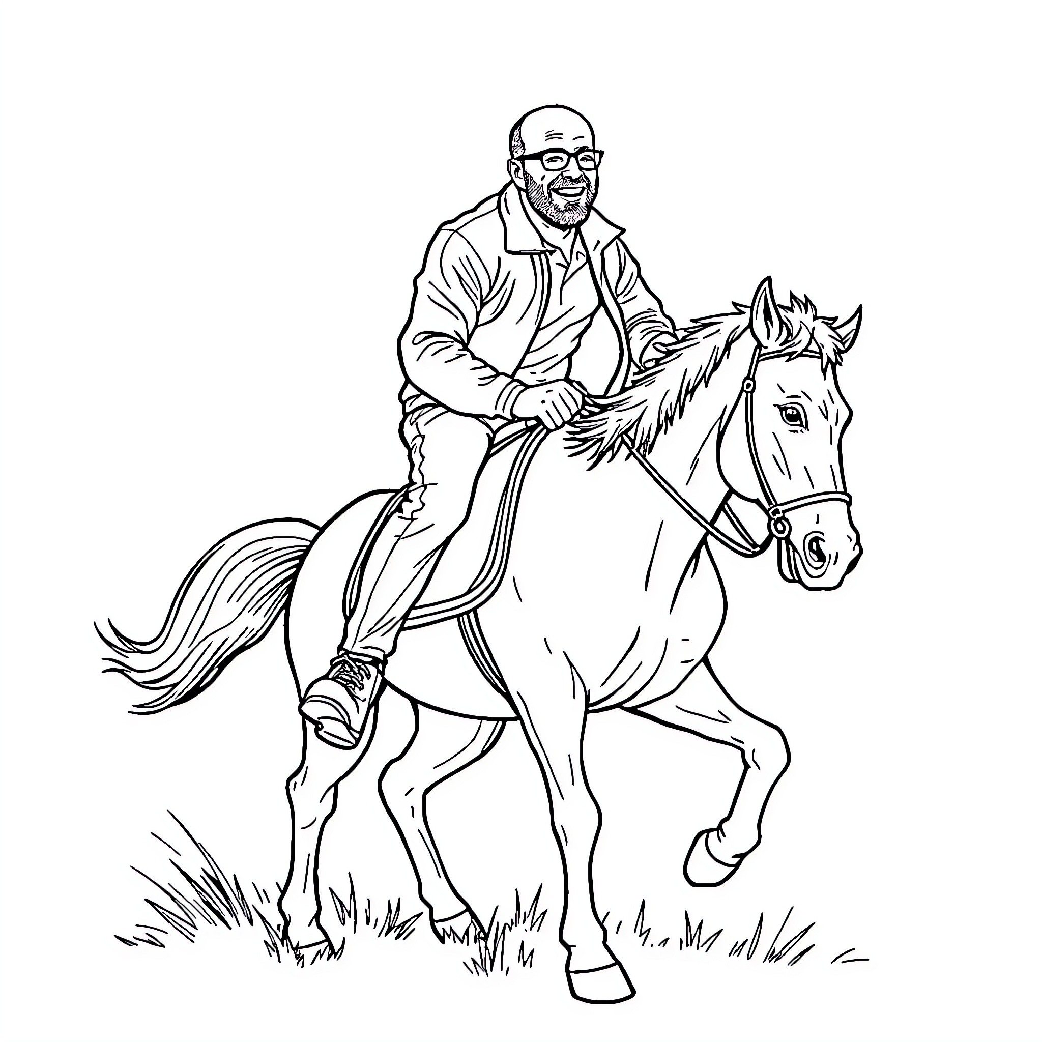 Walter White Riding a Horse with Enthusiasm Coloring Page (free black-and-white line drawing printable PDF for all, from beginners to advanced learners, including children, teens, adults, and seniors)