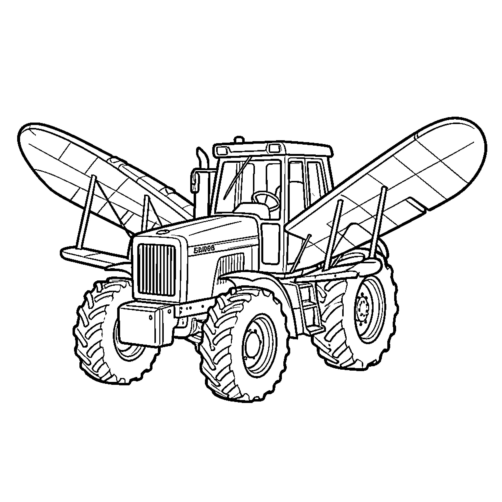 Tractor with large attachments positioned for farm work Coloring Page (free black-and-white line drawing printable PDF for all, from beginners to advanced learners, including children, teens, adults, and seniors)