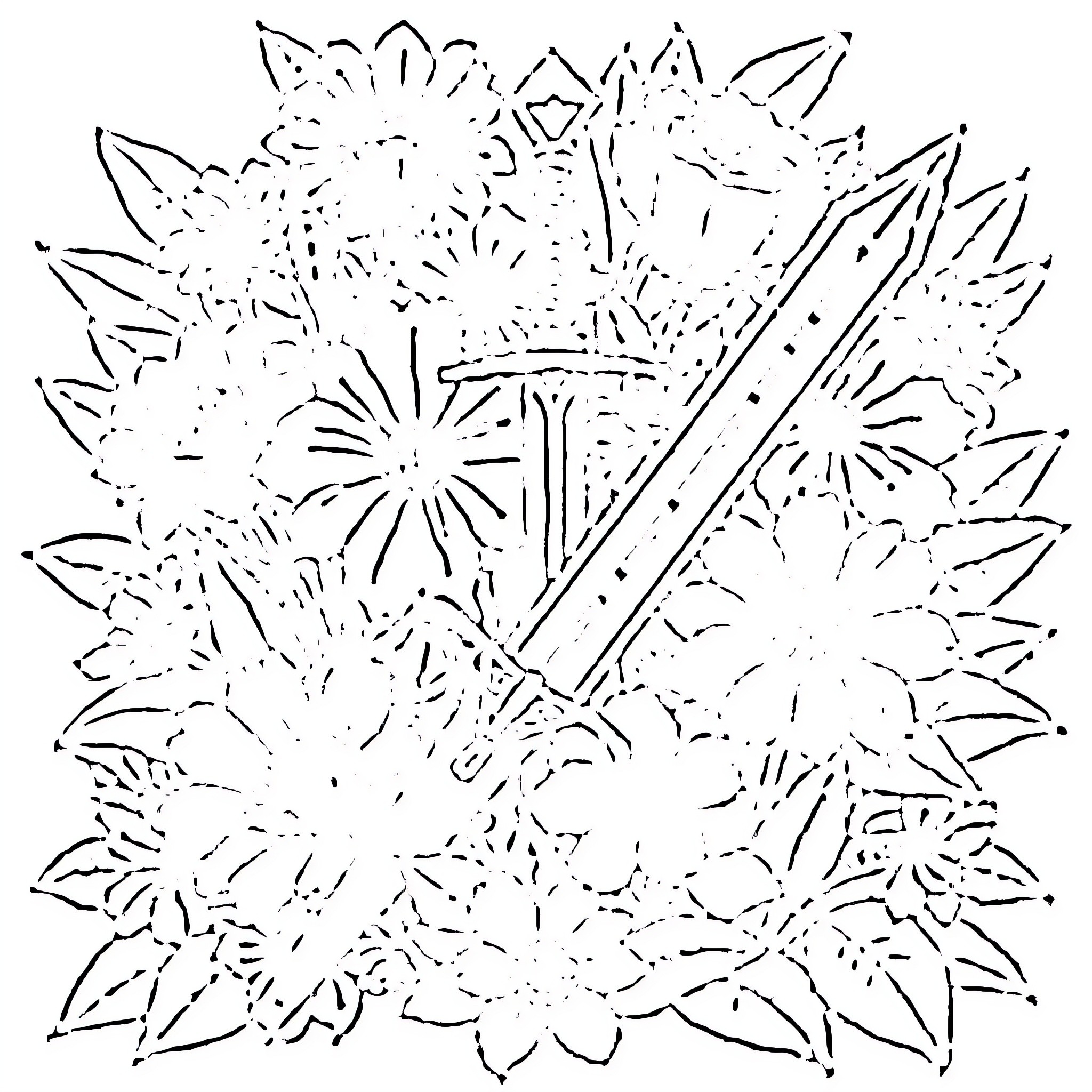 Sword-wielding figure amidst exploding fireworks Coloring Page (free black-and-white line drawing printable PDF for all, from beginners to advanced learners, including children, teens, adults, and seniors)
