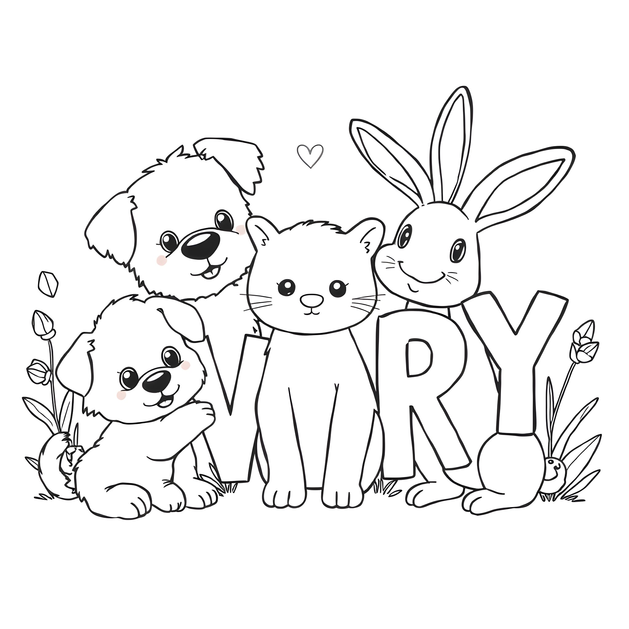 Animal friends playing happily together Coloring Page (free black-and-white line drawing printable PDF for all, from beginners to advanced learners, including children, teens, adults, and seniors)