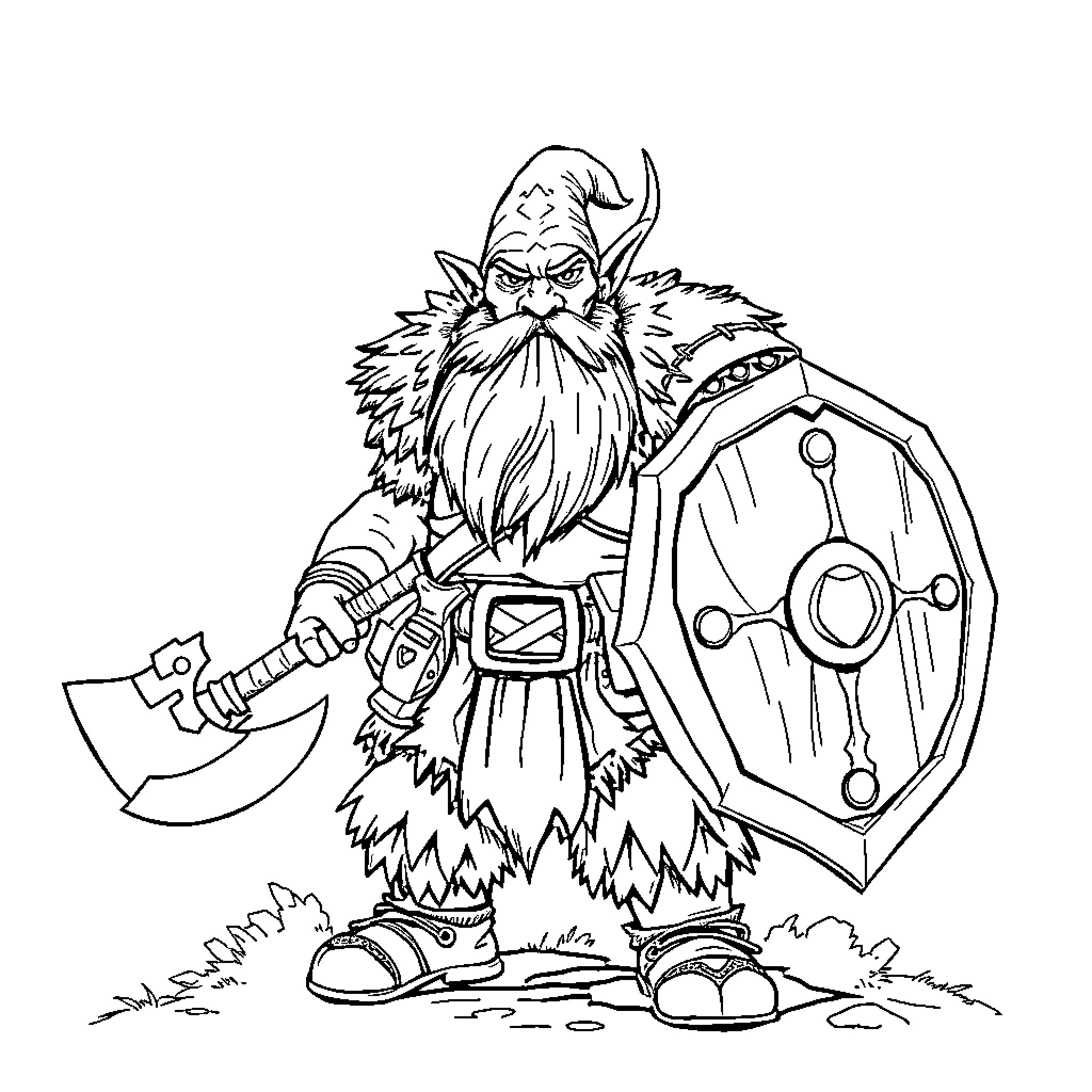 Dwarf warrior wielding axe and shield Coloring Page (free black-and-white line drawing printable PDF for all, from beginners to advanced learners, including children, teens, adults, and seniors)
