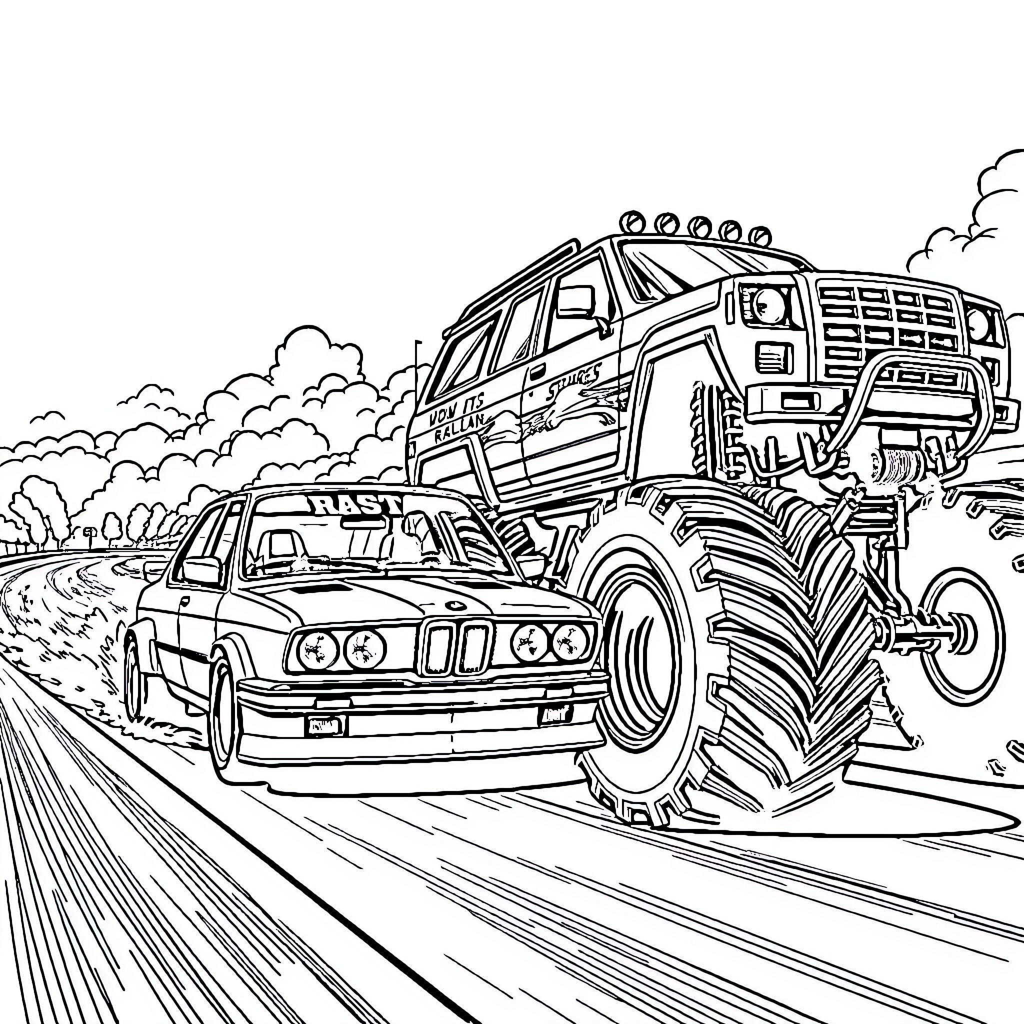 Car Monster Truck Racing Down the Road Coloring Page (free black-and-white line drawing printable PDF for all, from beginners to advanced learners, including children, teens, adults, and seniors)