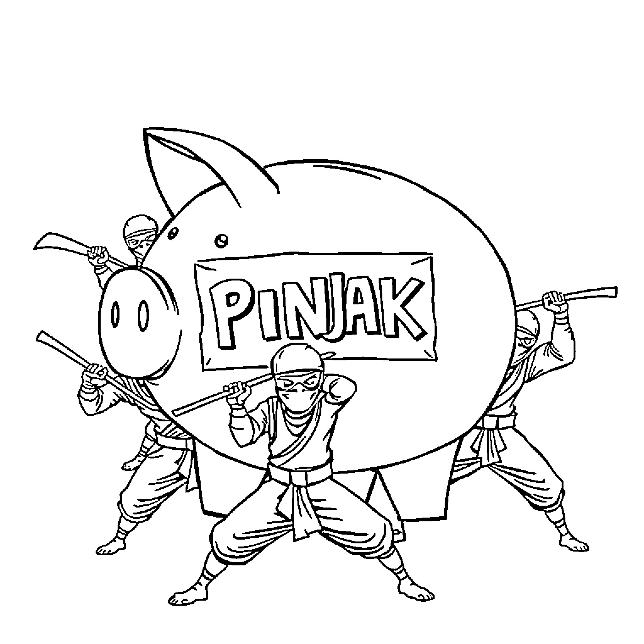 Piggy Bank Ninja Warriors in Action Coloring Page (free black-and-white line drawing printable PDF for all, from beginners to advanced learners, including children, teens, adults, and seniors)