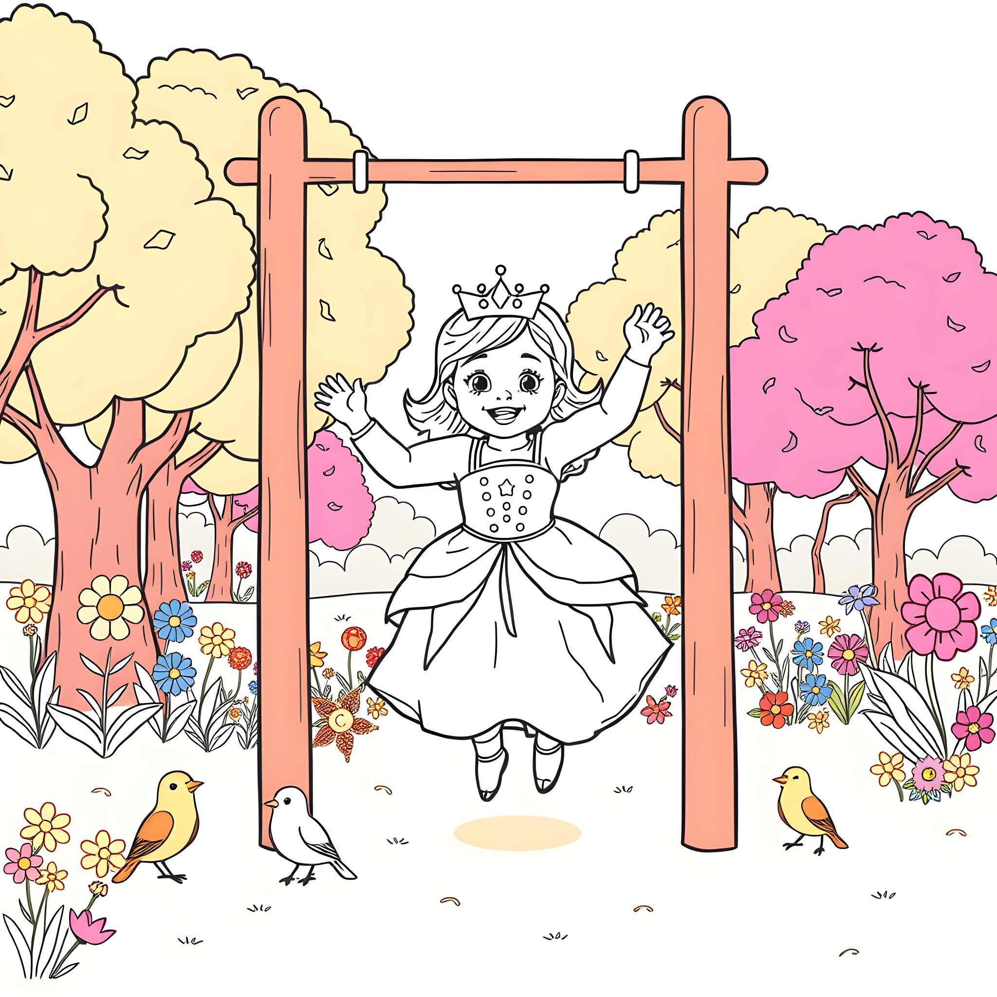Princess joyfully swinging in a flower-filled garden Coloring Page (free black-and-white line drawing printable PDF for all, from beginners to advanced learners, including children, teens, adults, and seniors)