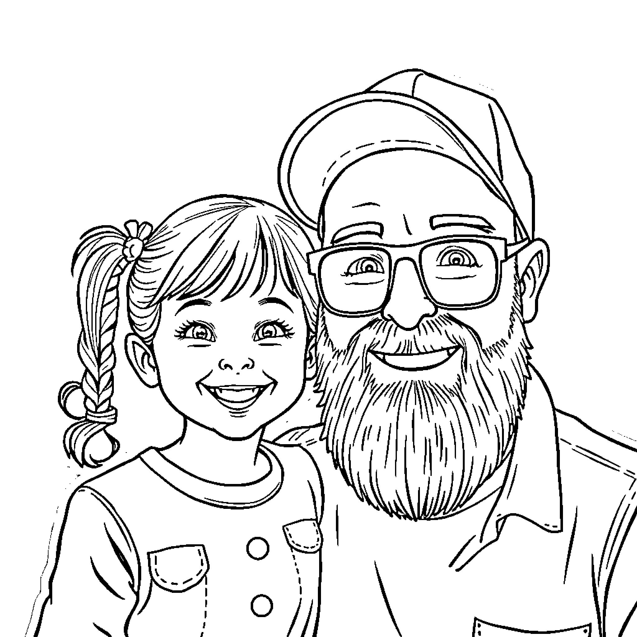 Father and Daughter Share a Joyful Moment Coloring Page (free black-and-white line drawing printable PDF for all, from beginners to advanced learners, including children, teens, adults, and seniors)