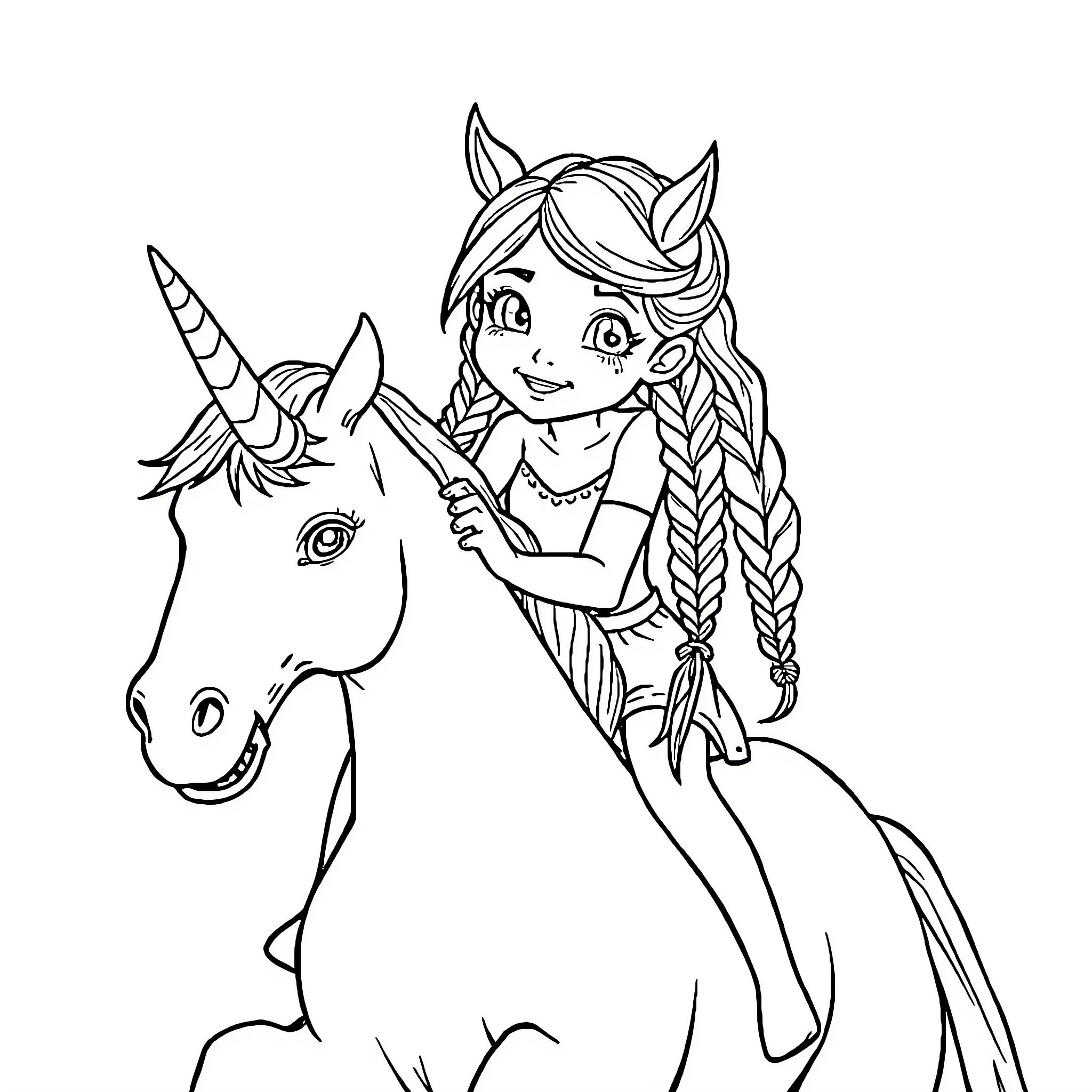 Girl riding a magical unicorn Coloring Page (free black-and-white line drawing printable PDF for all, from beginners to advanced learners, including children, teens, adults, and seniors)