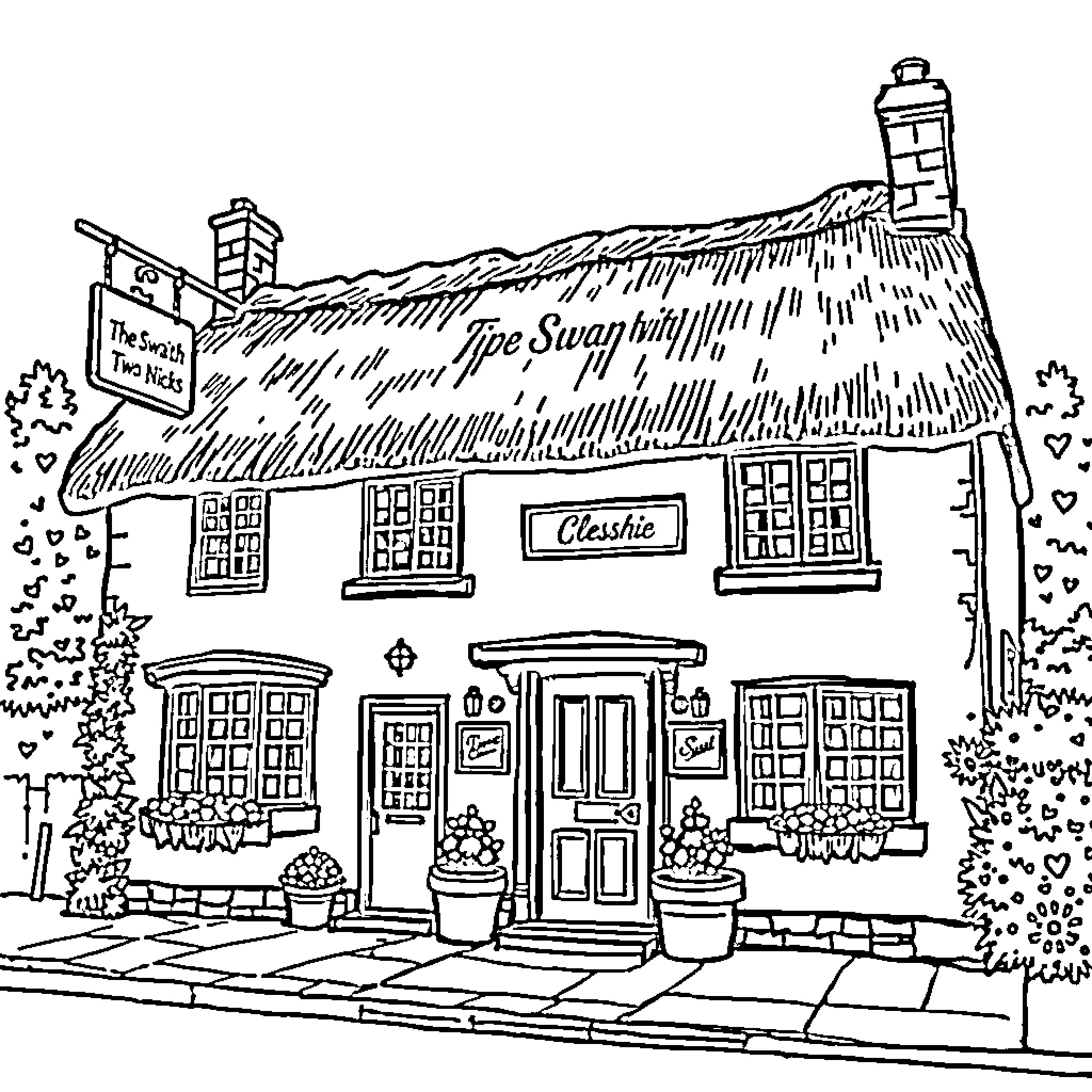 Pub with Charming Cottage Exterior and Potted Plants Coloring Page (free black-and-white line drawing printable PDF for all, from beginners to advanced learners, including children, teens, adults, and seniors)