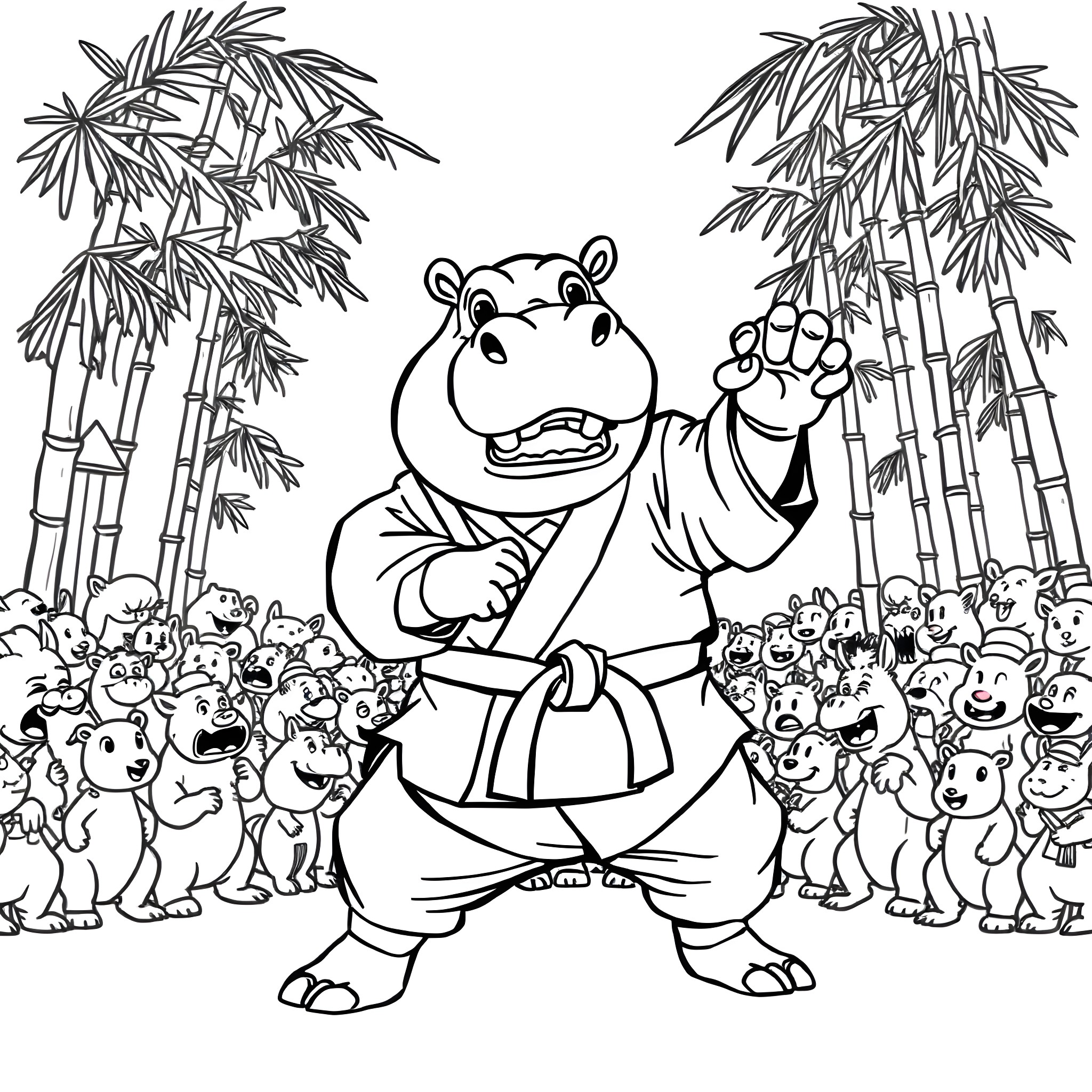 Hippo martial artist surrounded by adoring crowd Coloring Page (free black-and-white line drawing printable PDF for all, from beginners to advanced learners, including children, teens, adults, and seniors)