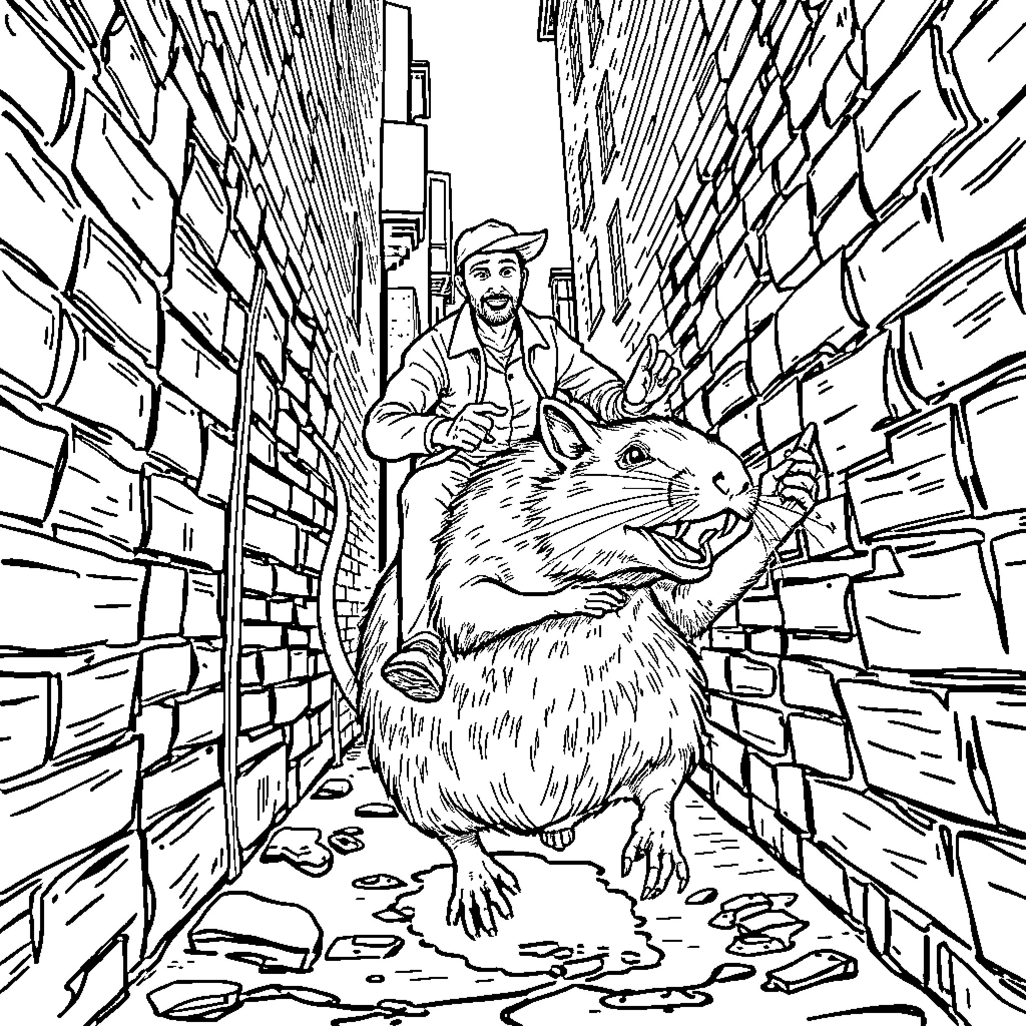 Man walking with a large rat in an alley Coloring Page (free black-and-white line drawing printable PDF for all, from beginners to advanced learners, including children, teens, adults, and seniors)