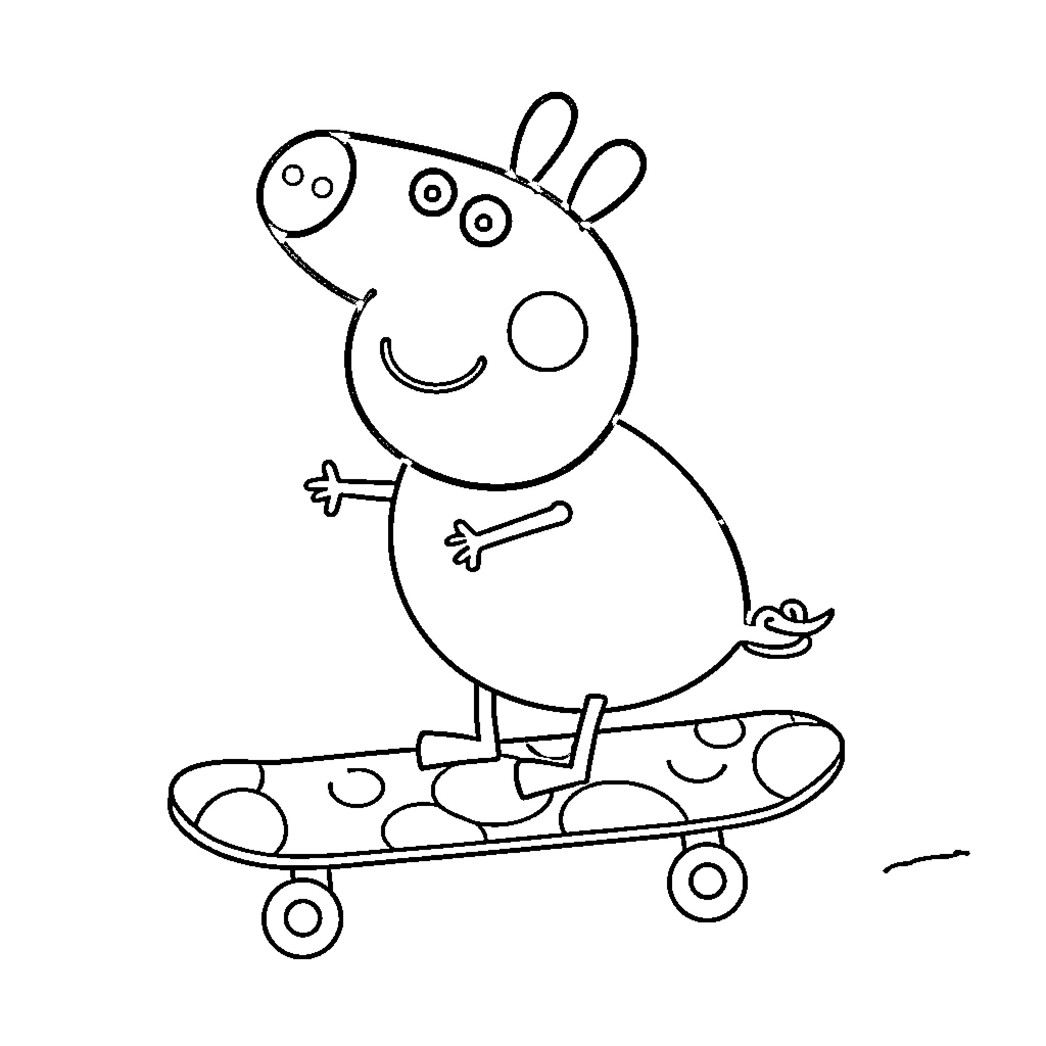 Peppa Pig riding a skateboard happily Coloring Page (free black-and-white line drawing printable PDF for all, from beginners to advanced learners, including children, teens, adults, and seniors)