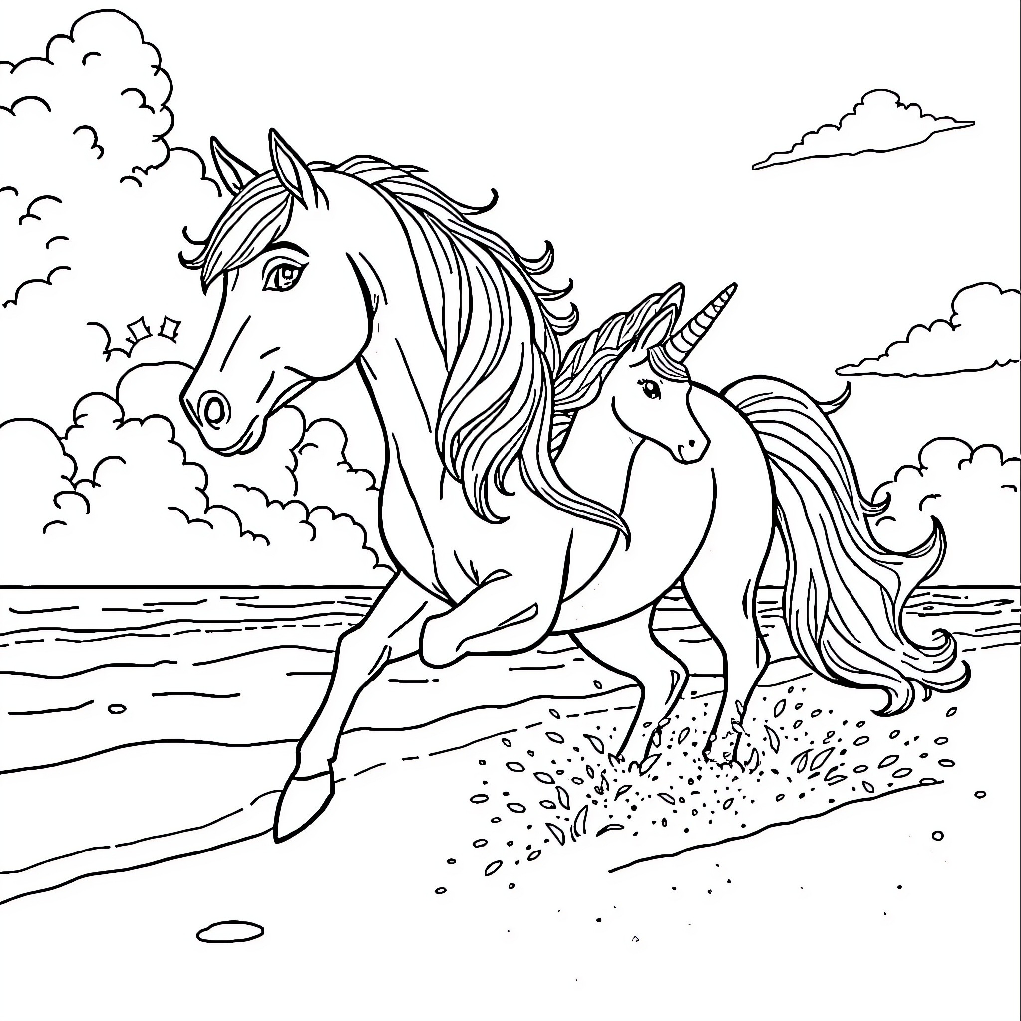 Pony and Unicorn Running Joyfully in the Countryside Coloring Page (free black-and-white line drawing printable PDF for all, from beginners to advanced learners, including children, teens, adults, and seniors)